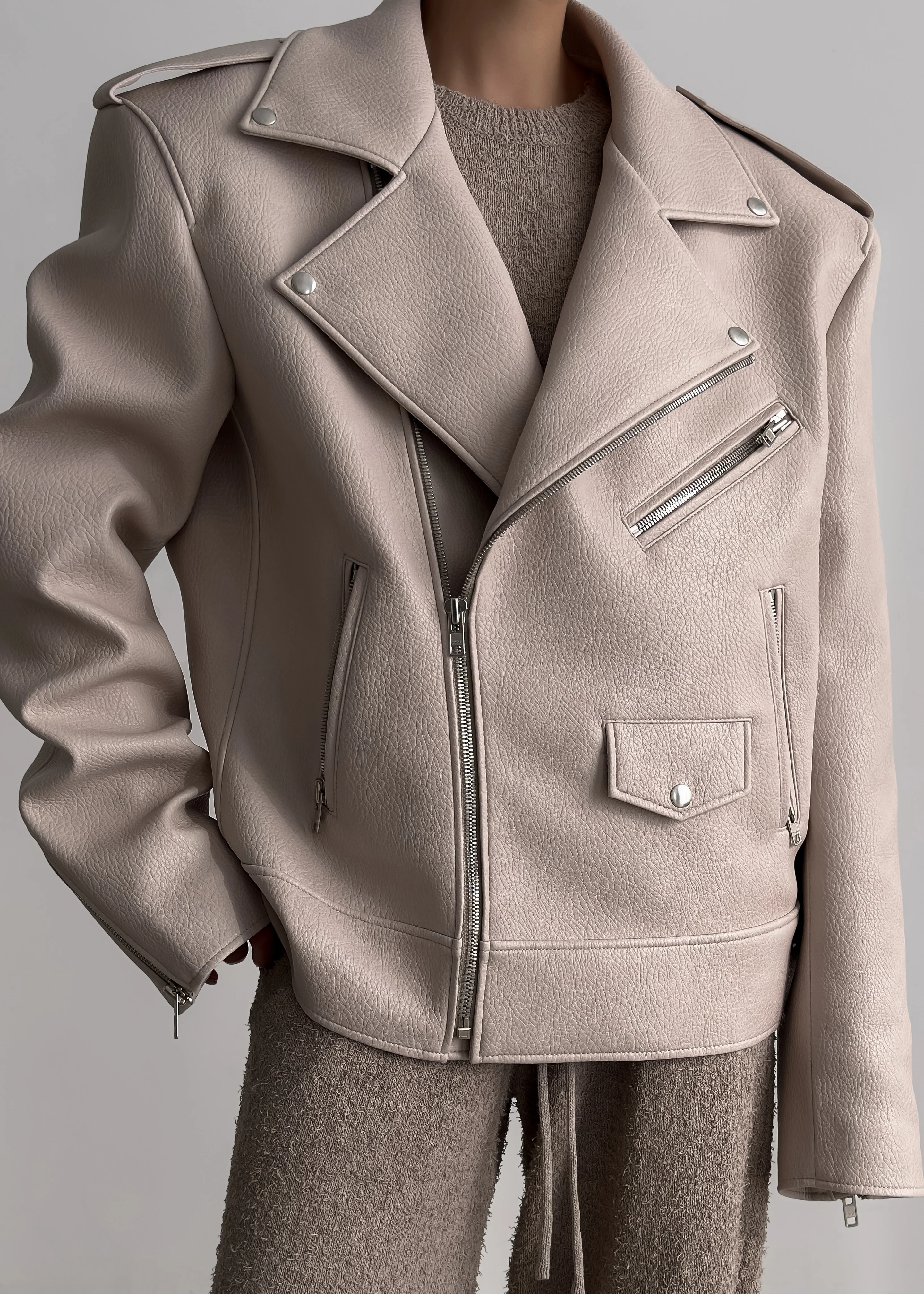 Chicago Oversized Biker Jacket - Cream - Image 13