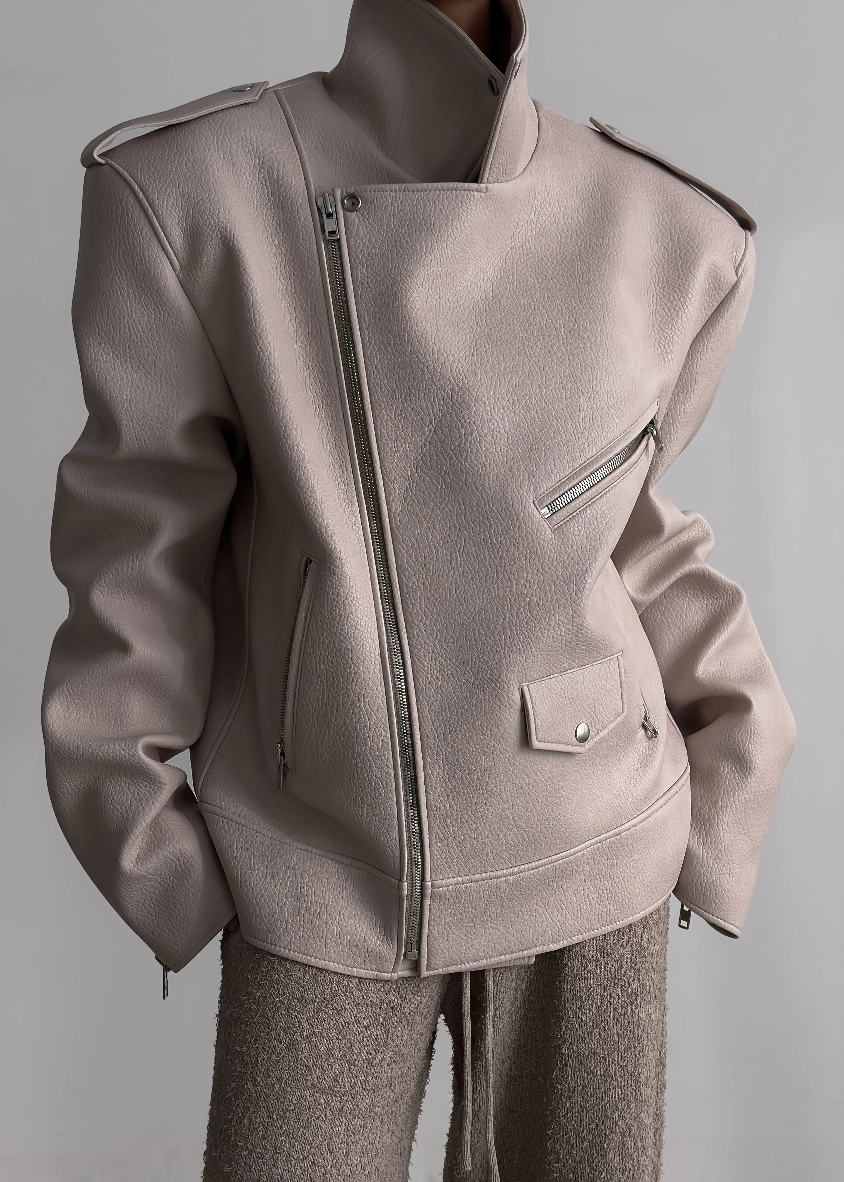 Chicago Oversized Biker Jacket - Cream - Image 14