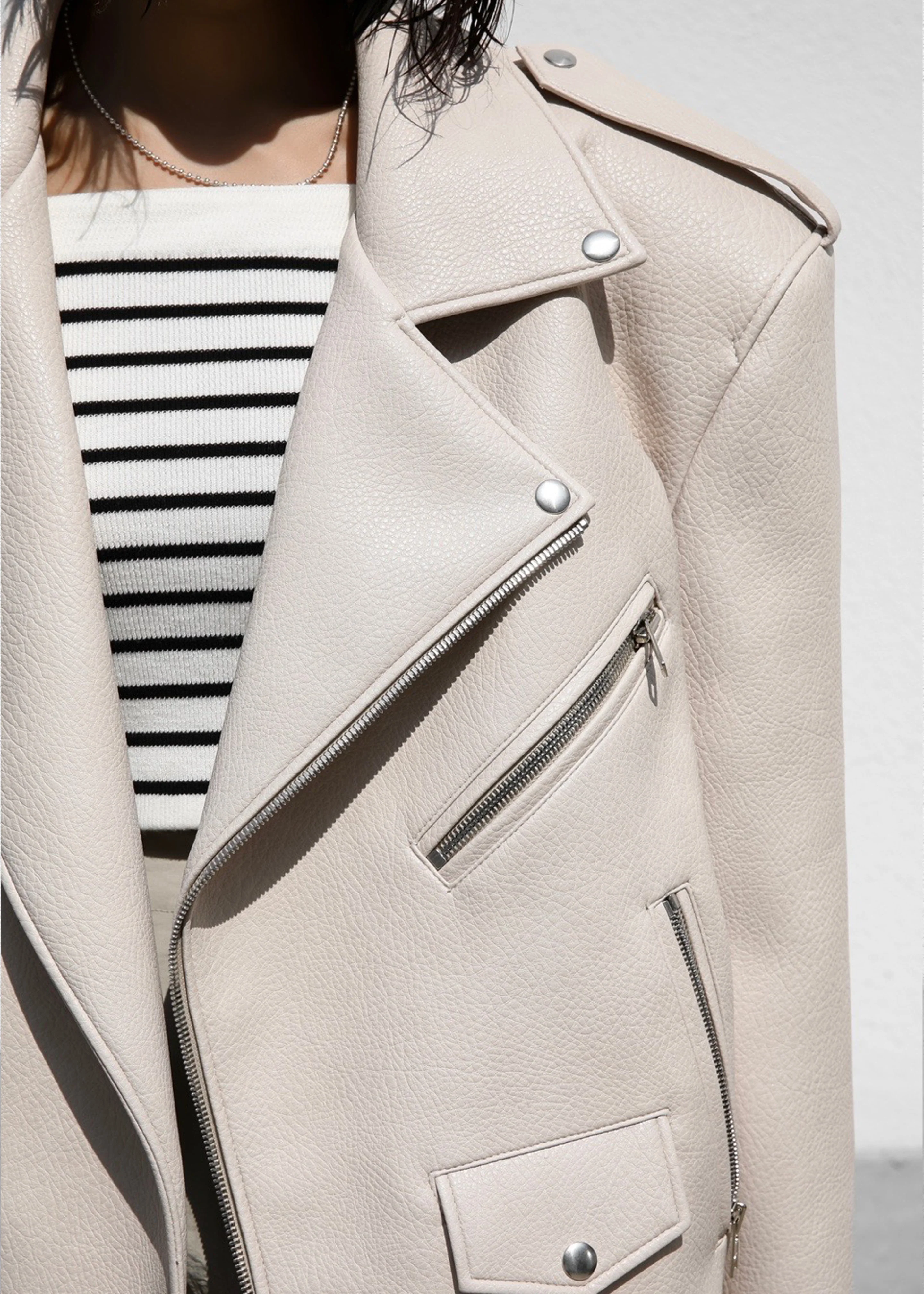 Chicago Oversized Biker Jacket - Cream - Image 5