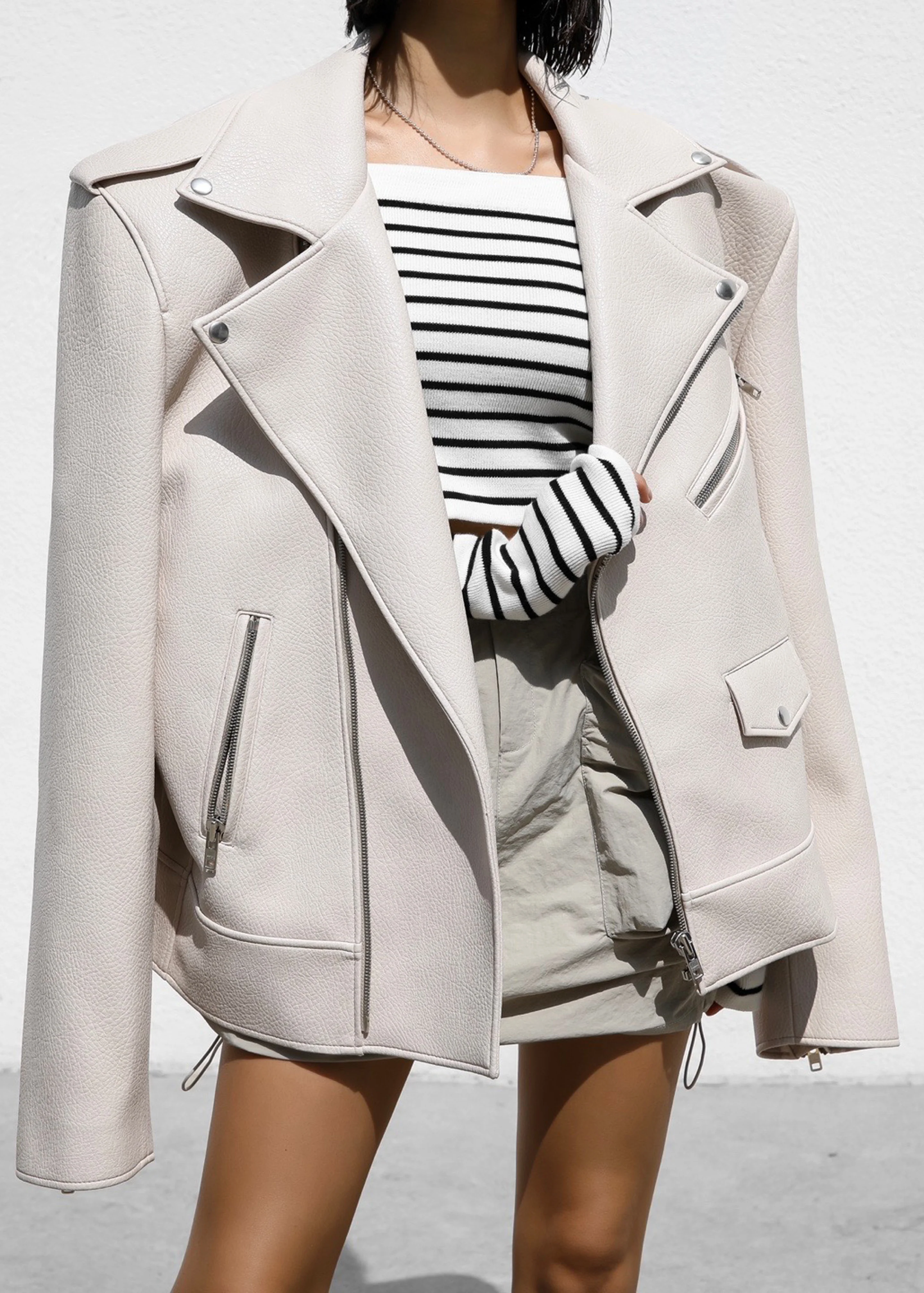 Chicago Oversized Biker Jacket - Cream - Image 6