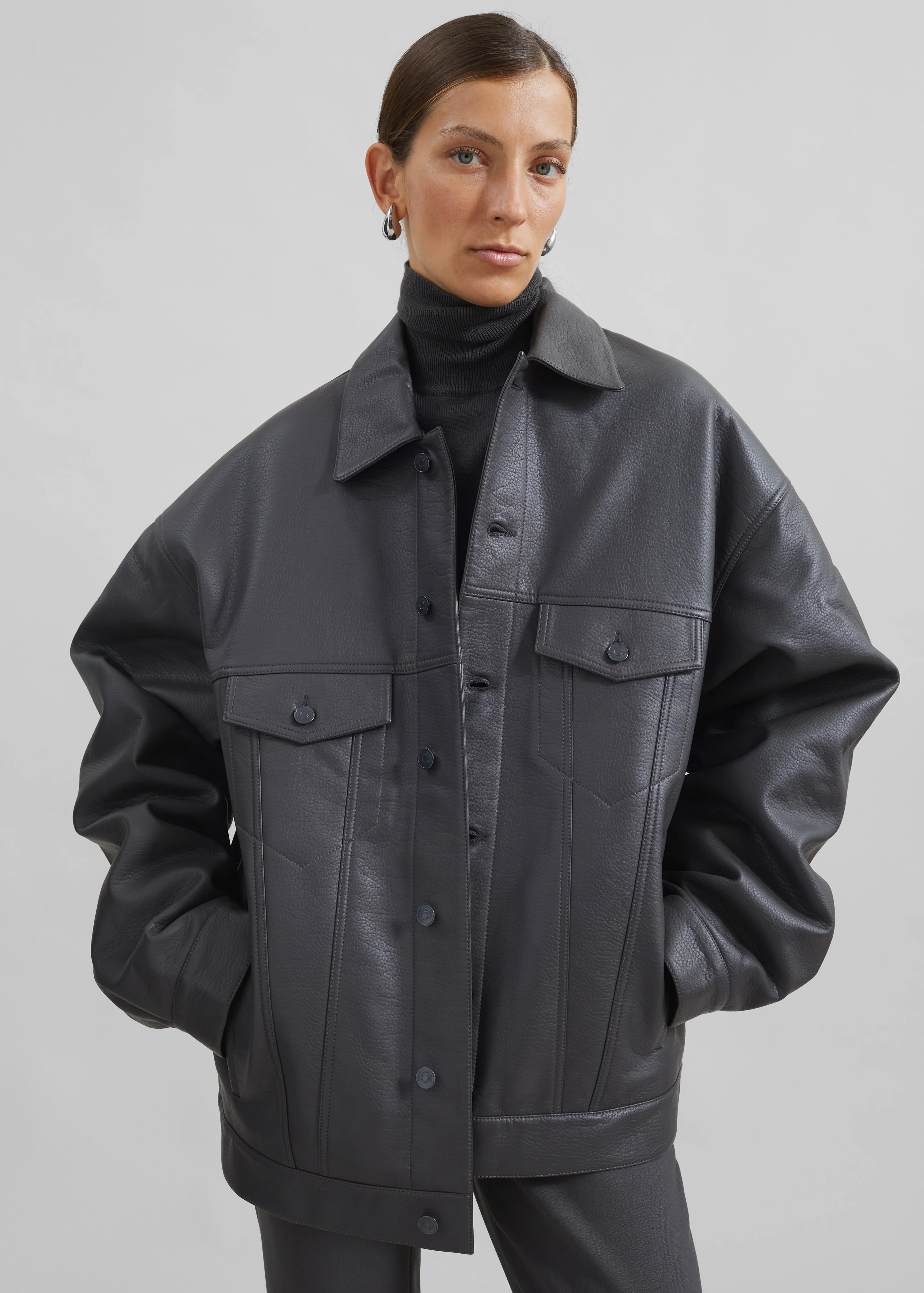 Conan Faux Leather Jacket - Dark Grey - Image 4