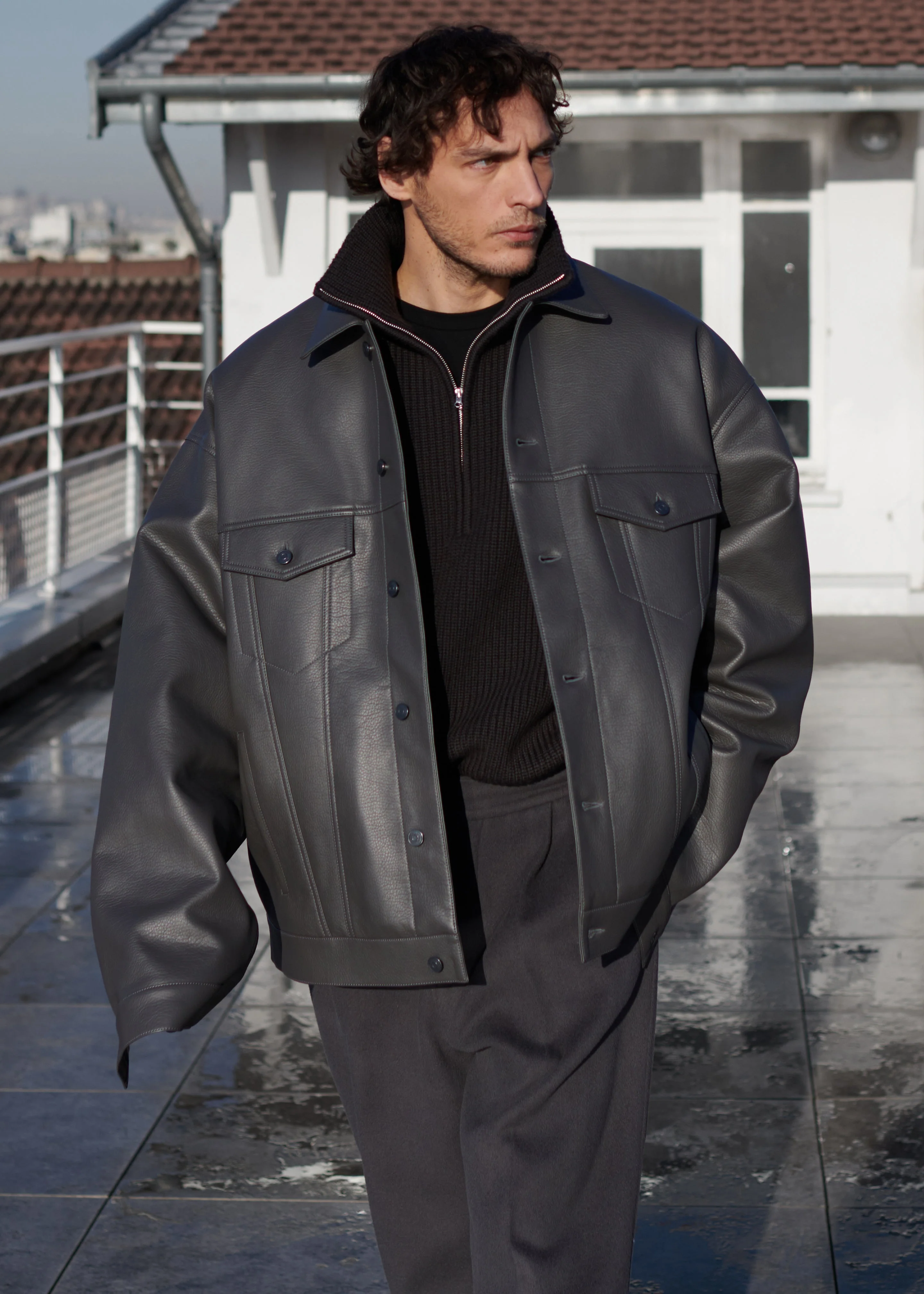 Conan Faux Leather Jacket - Dark Grey - Image 6