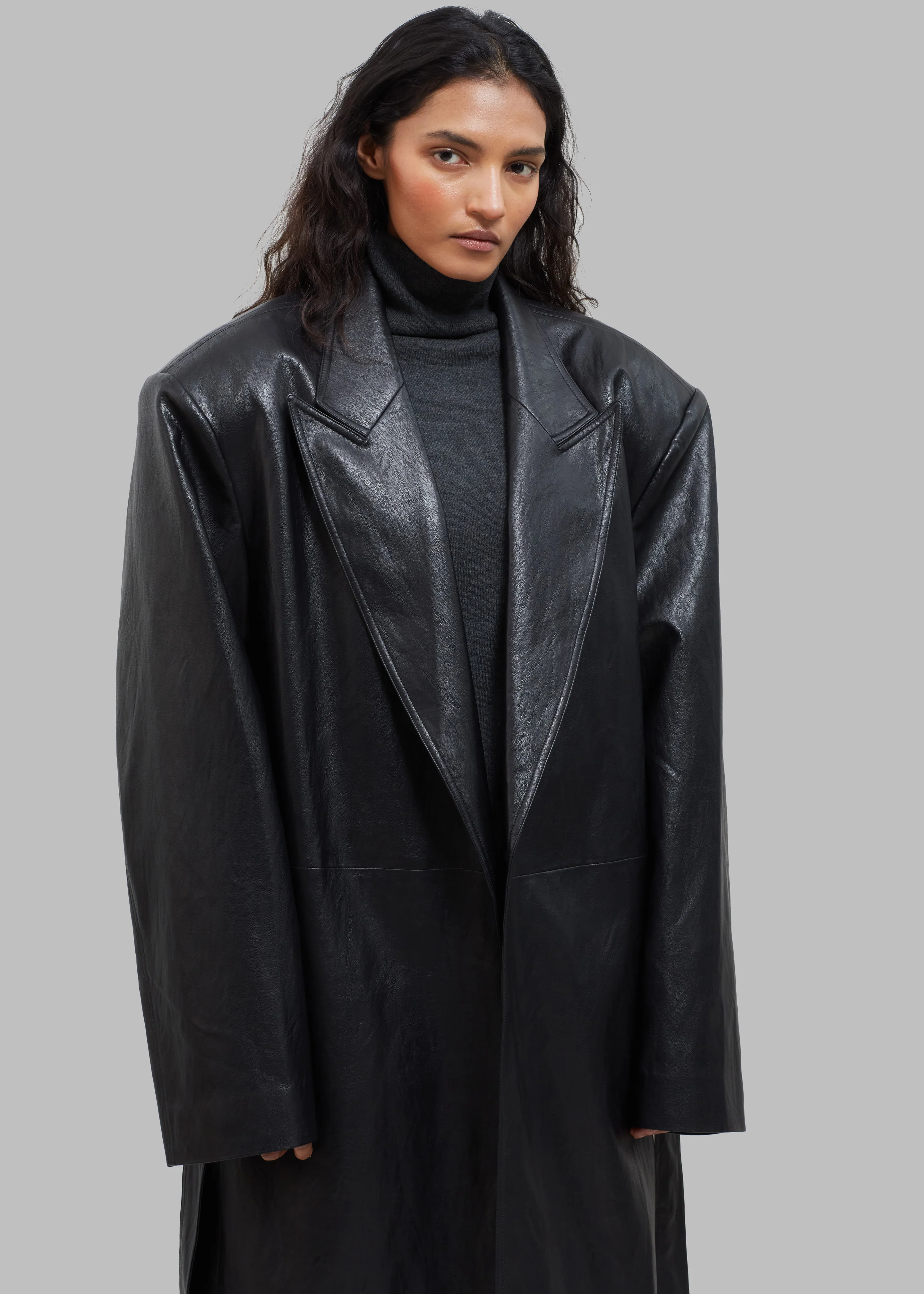 Connie Faux Leather Belted Trench Coat - Black - Image 10