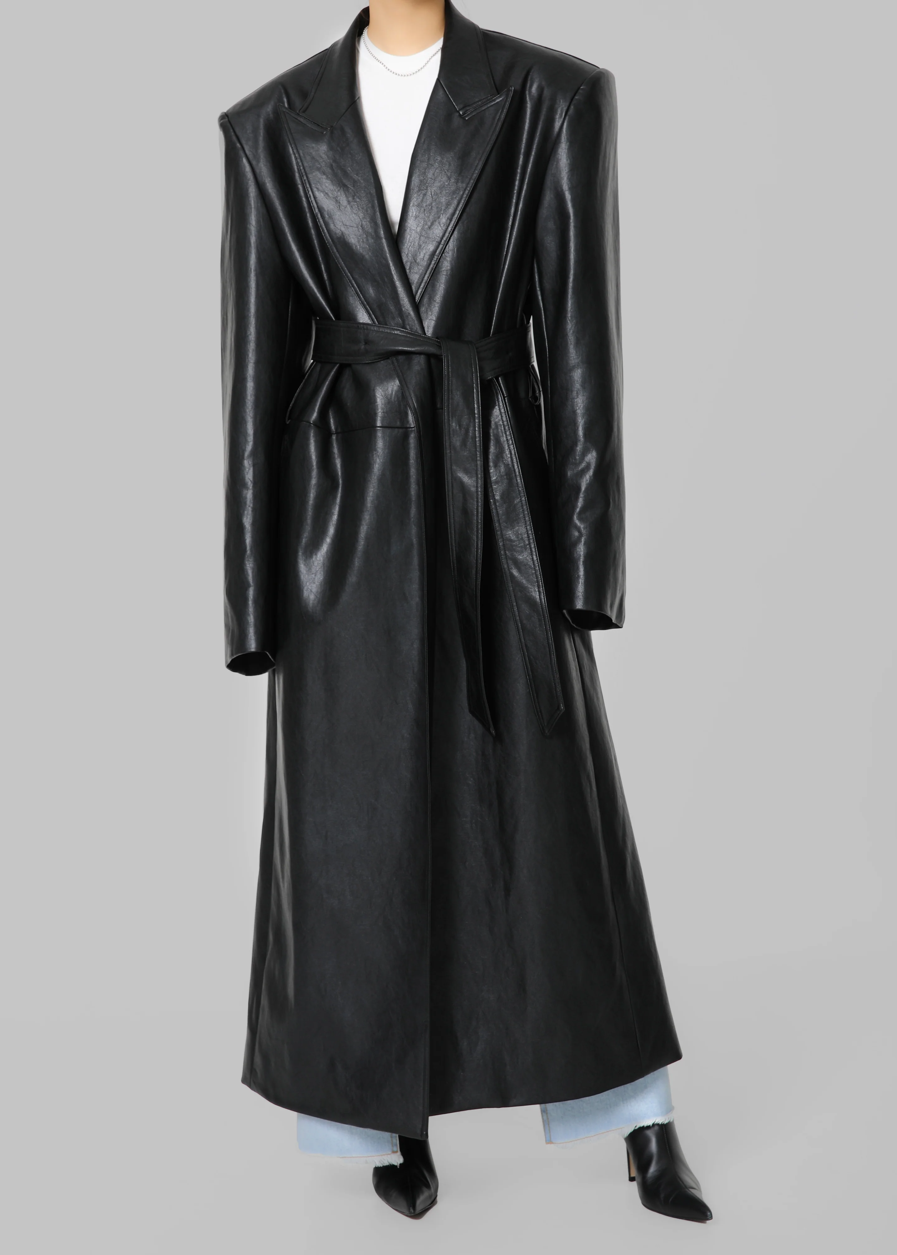 Connie Faux Leather Belted Trench Coat - Black - Image 3
