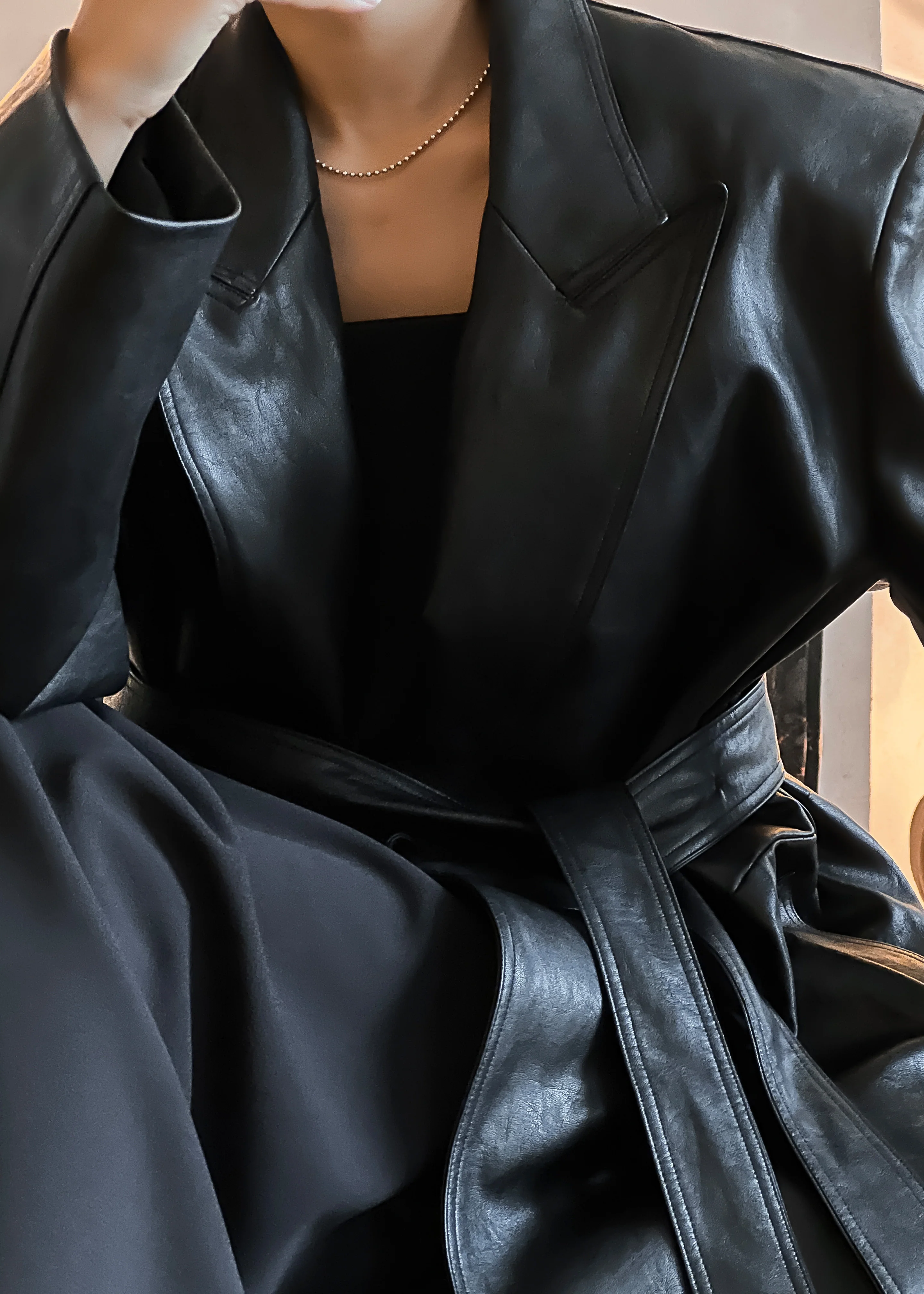 Connie Faux Leather Belted Trench Coat - Black - Image 4