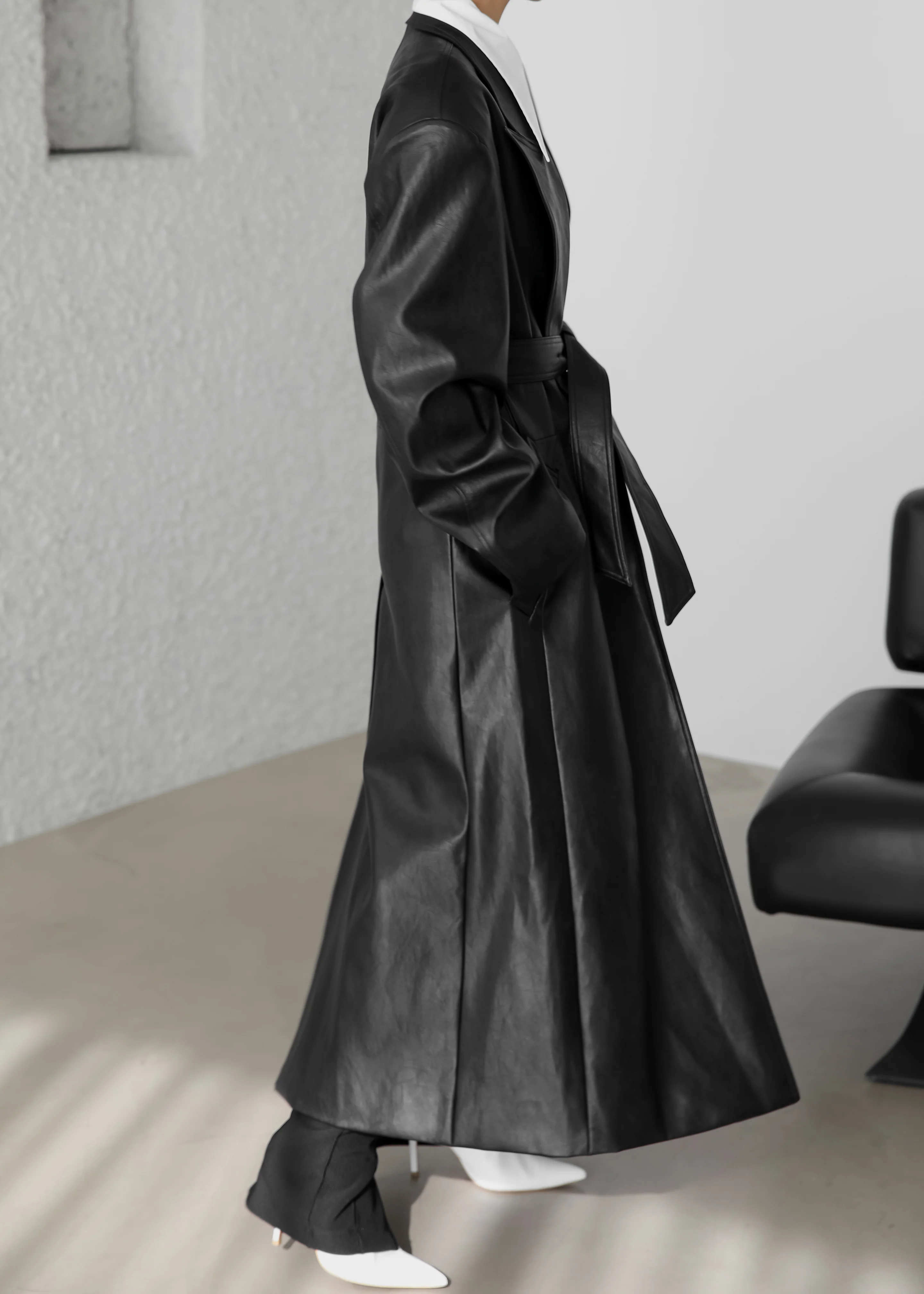 Connie Faux Leather Belted Trench Coat - Black - Image 5