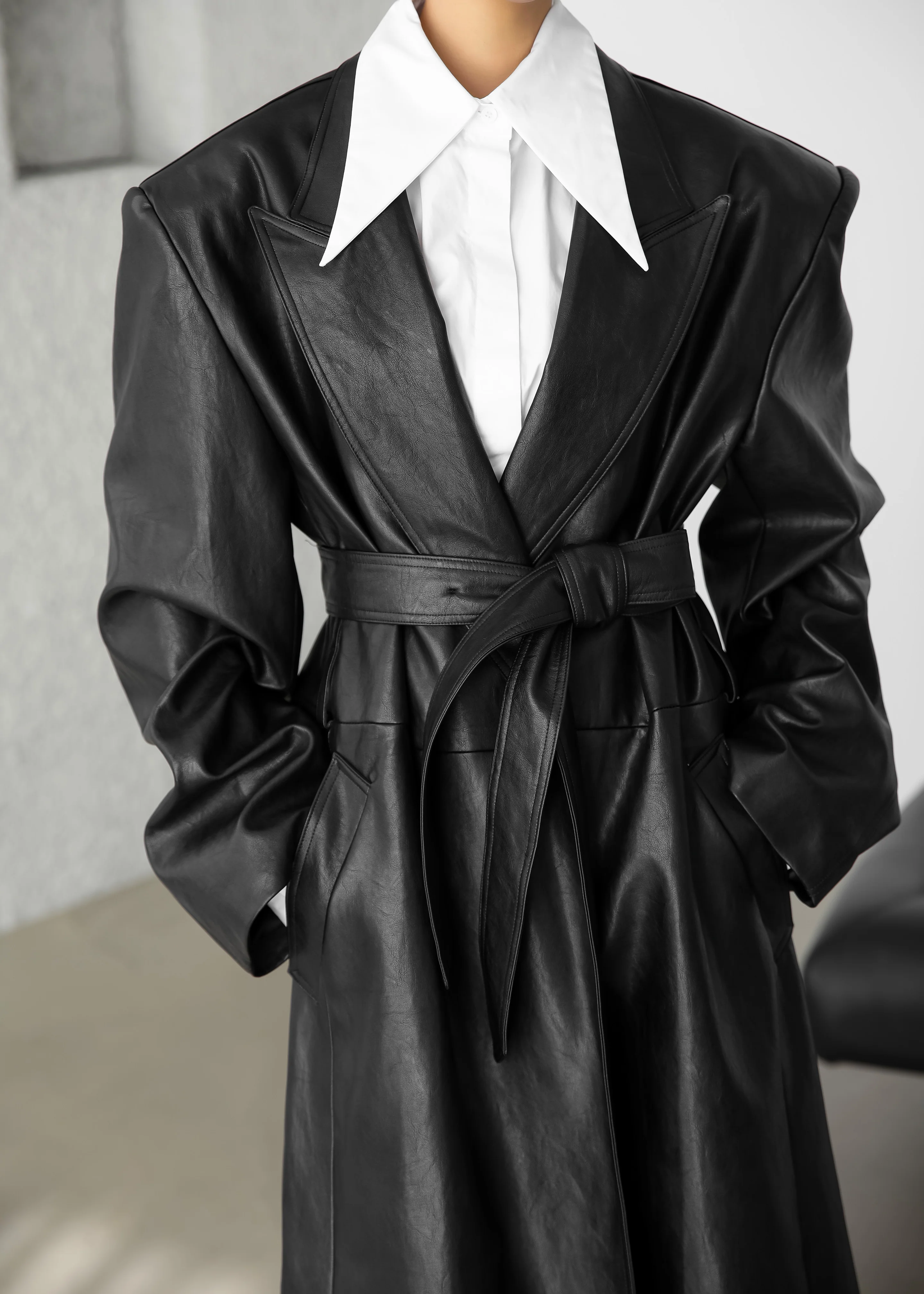 Connie Faux Leather Belted Trench Coat - Black - Image 7