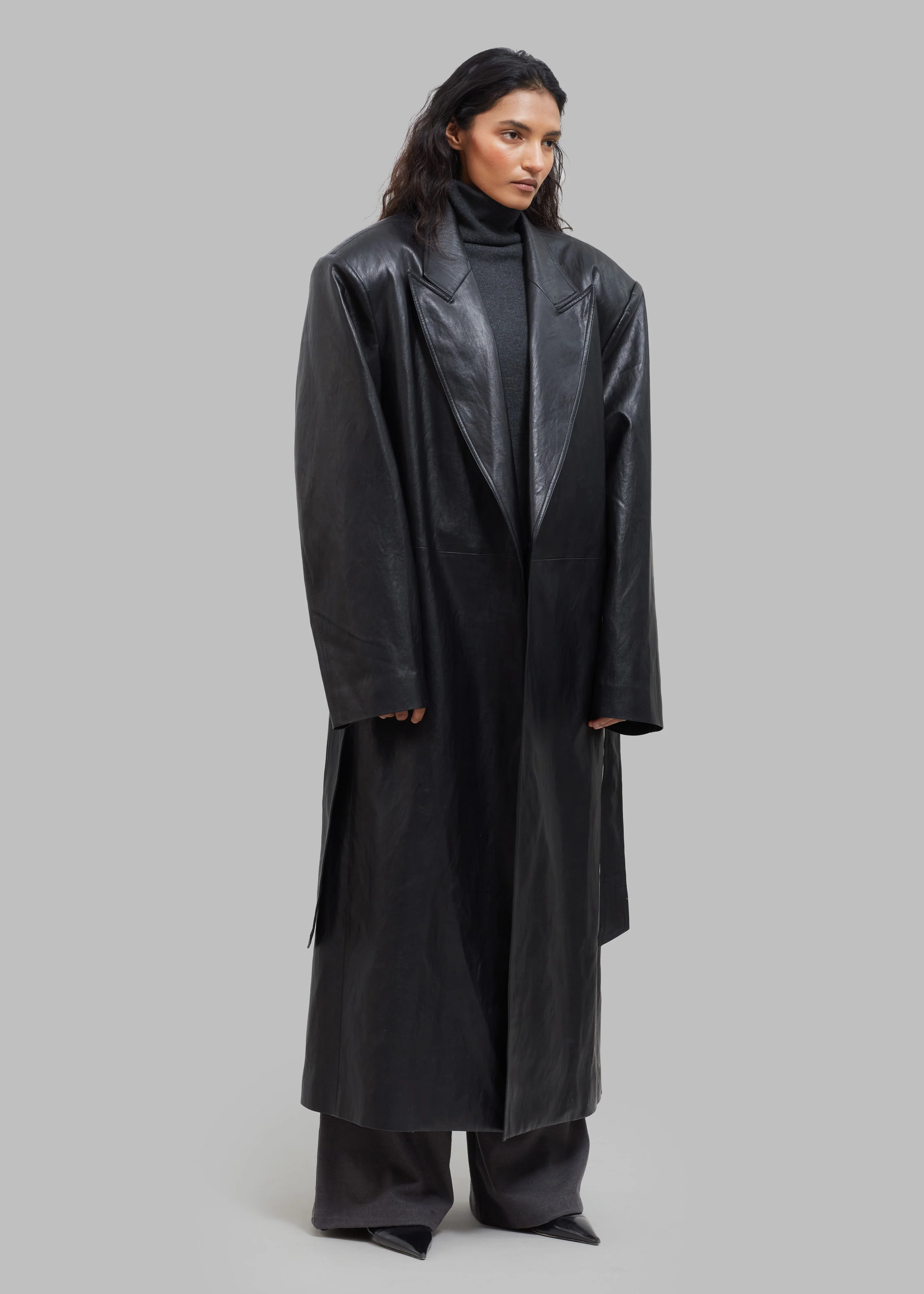 Connie Faux Leather Belted Trench Coat - Black - Image 8