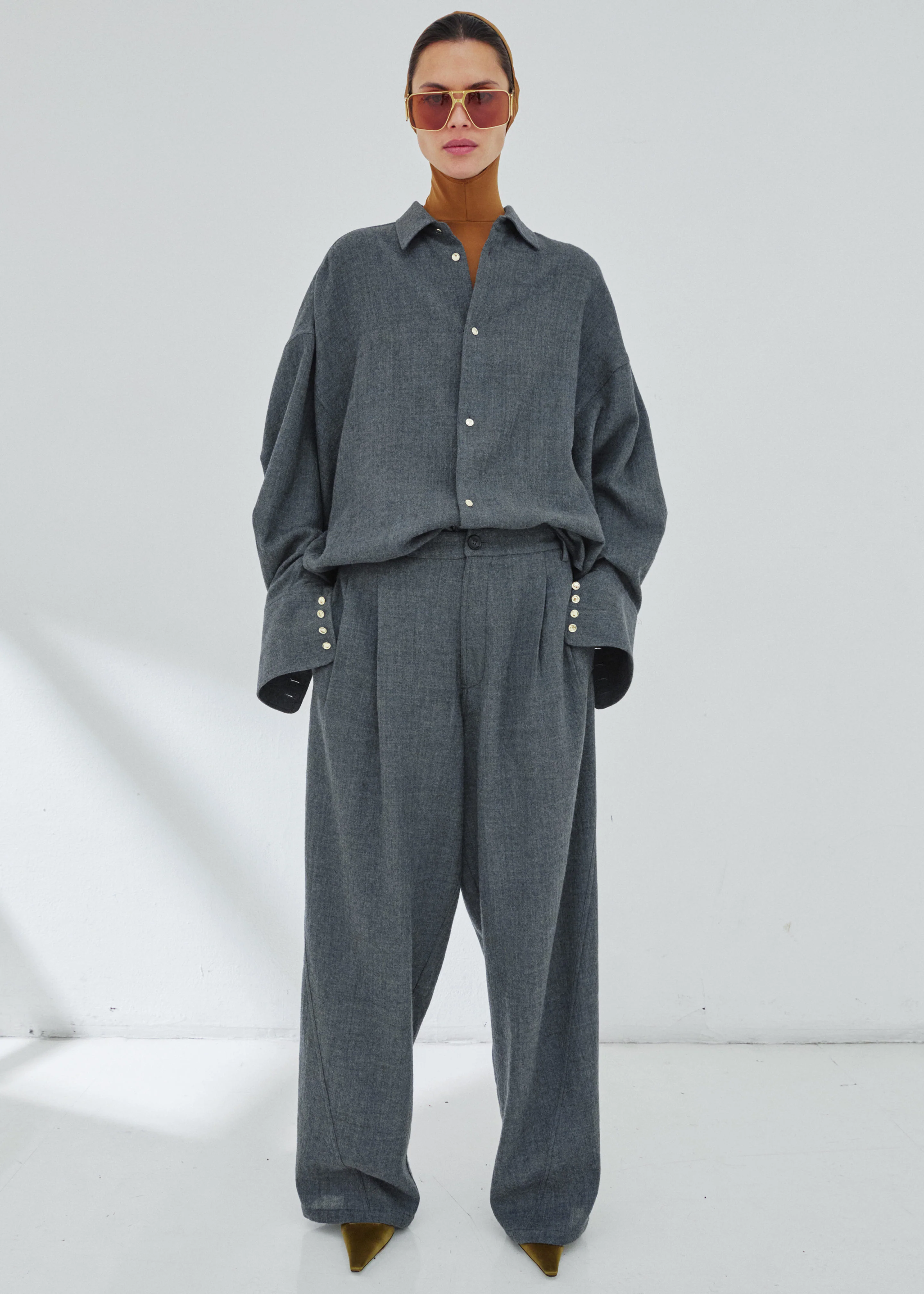 Darkpark Phebe Wide-Leg Japanese Light Wool Pants - Grey Melange - Image 2