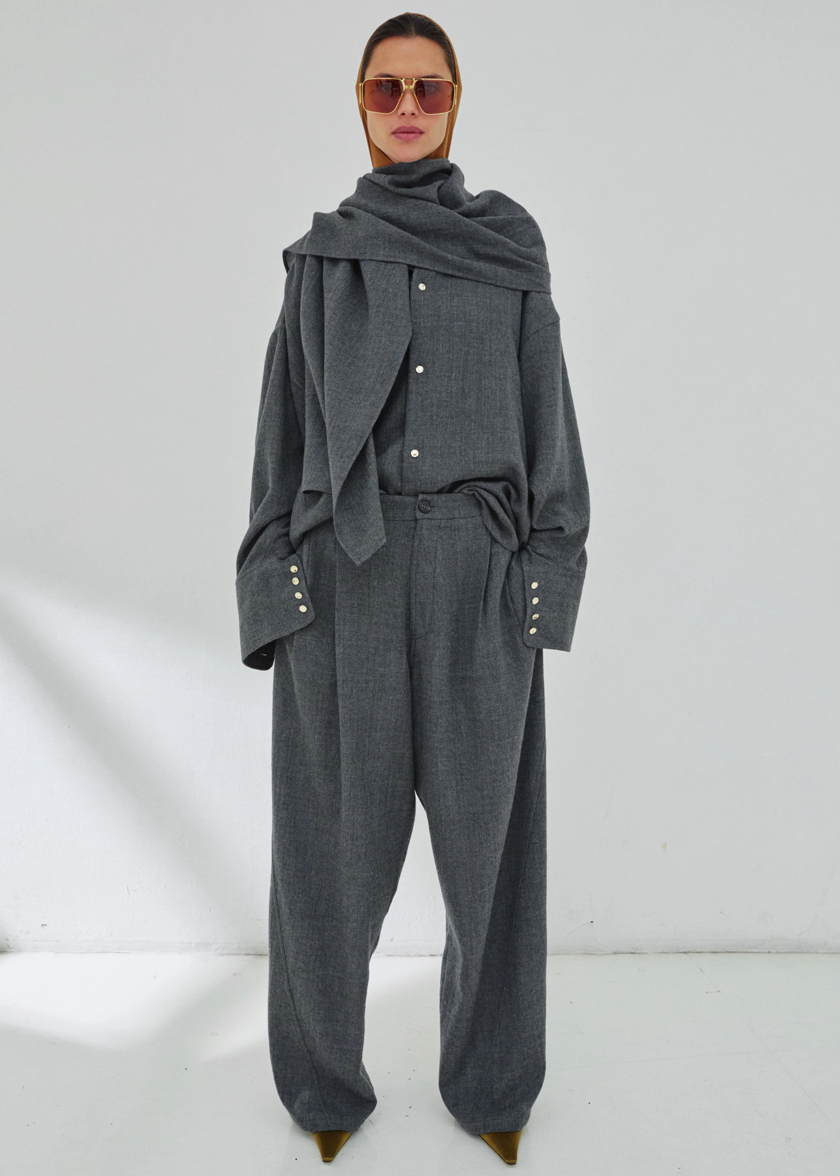 Darkpark Phebe Wide-Leg Japanese Light Wool Pants - Grey Melange - Image 4