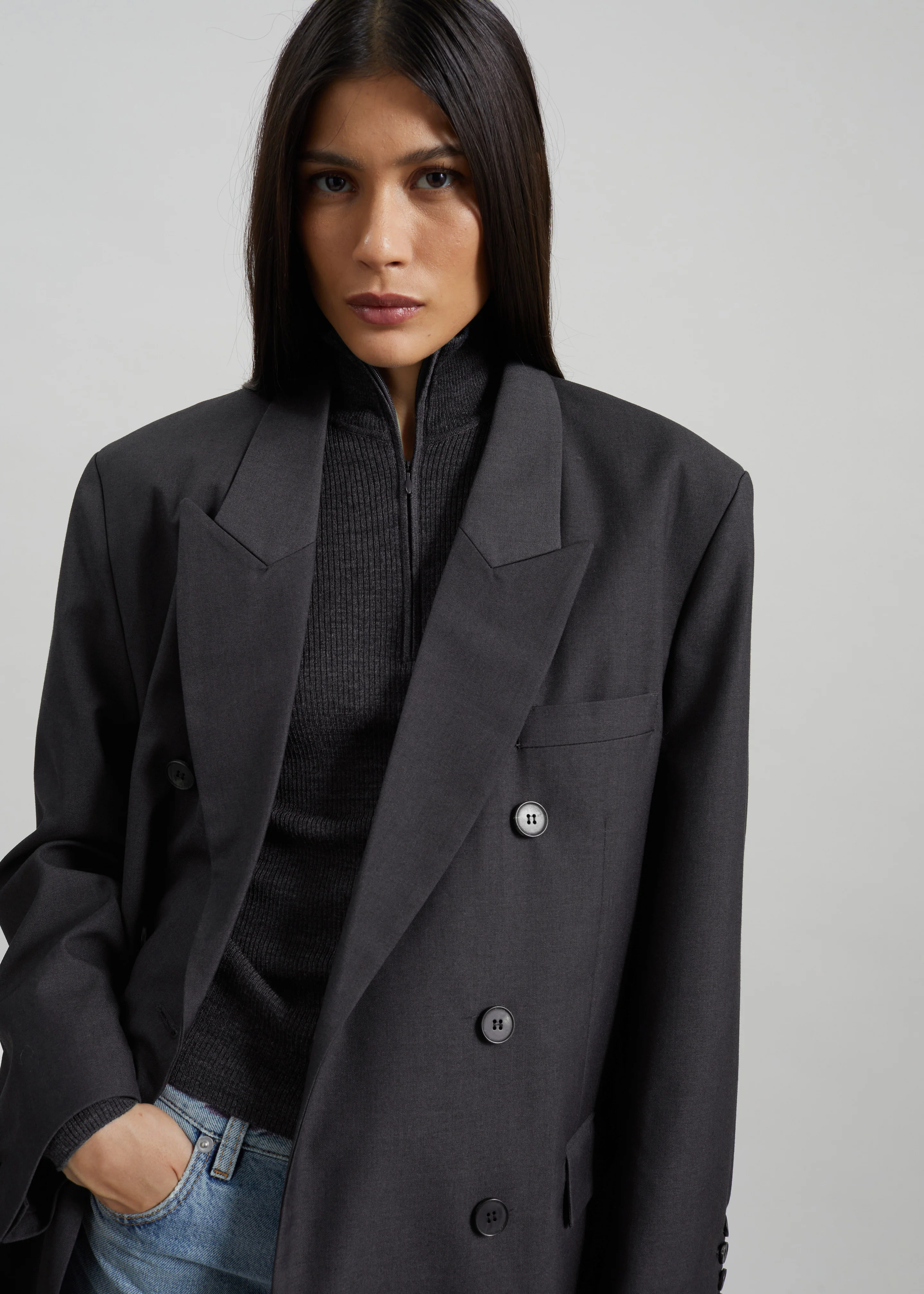 Daroca Double-Breasted Blazer - Charcoal - Image 3