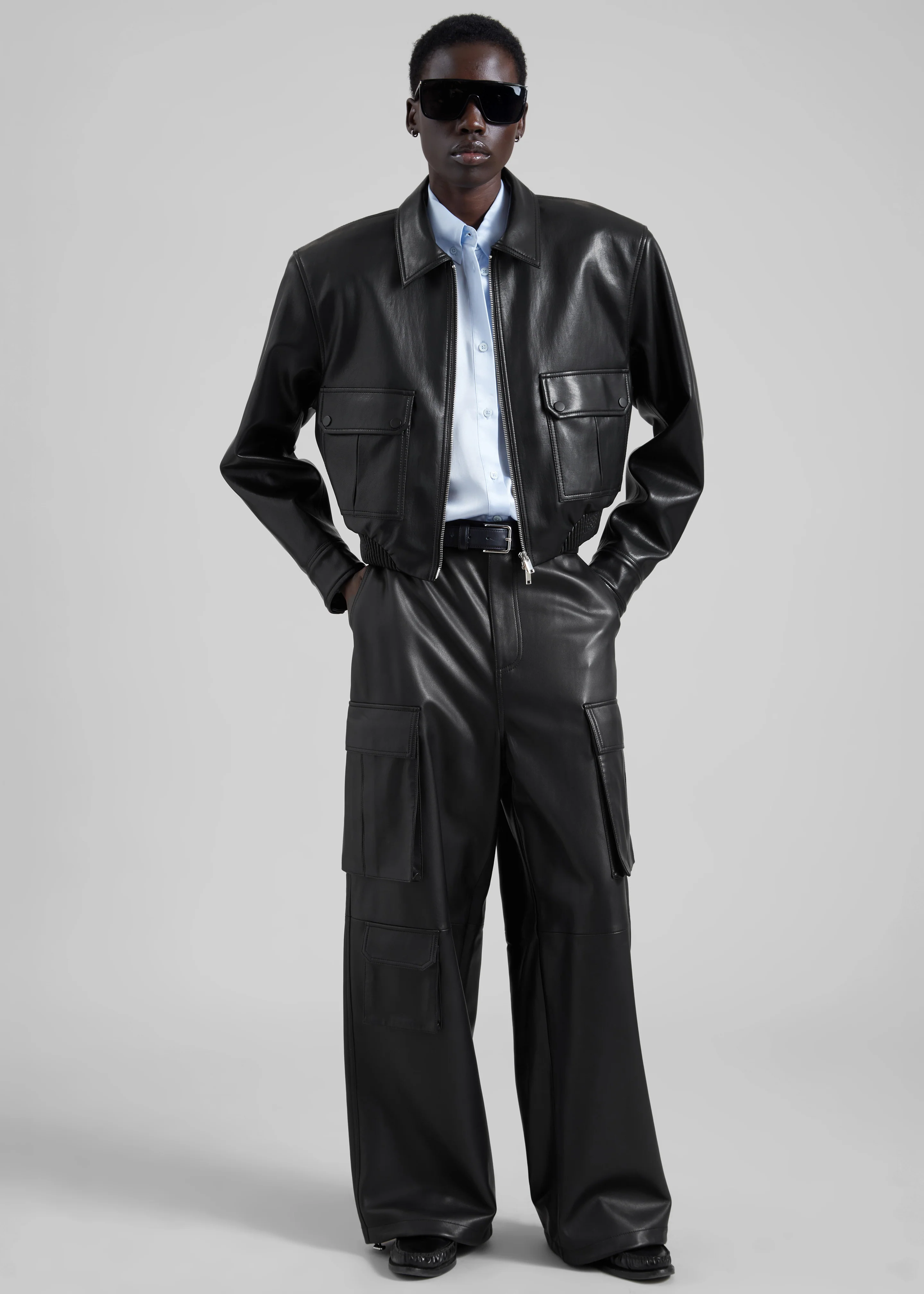 Denain Faux Leather Cropped Bomber Jacket - Black - Image 2