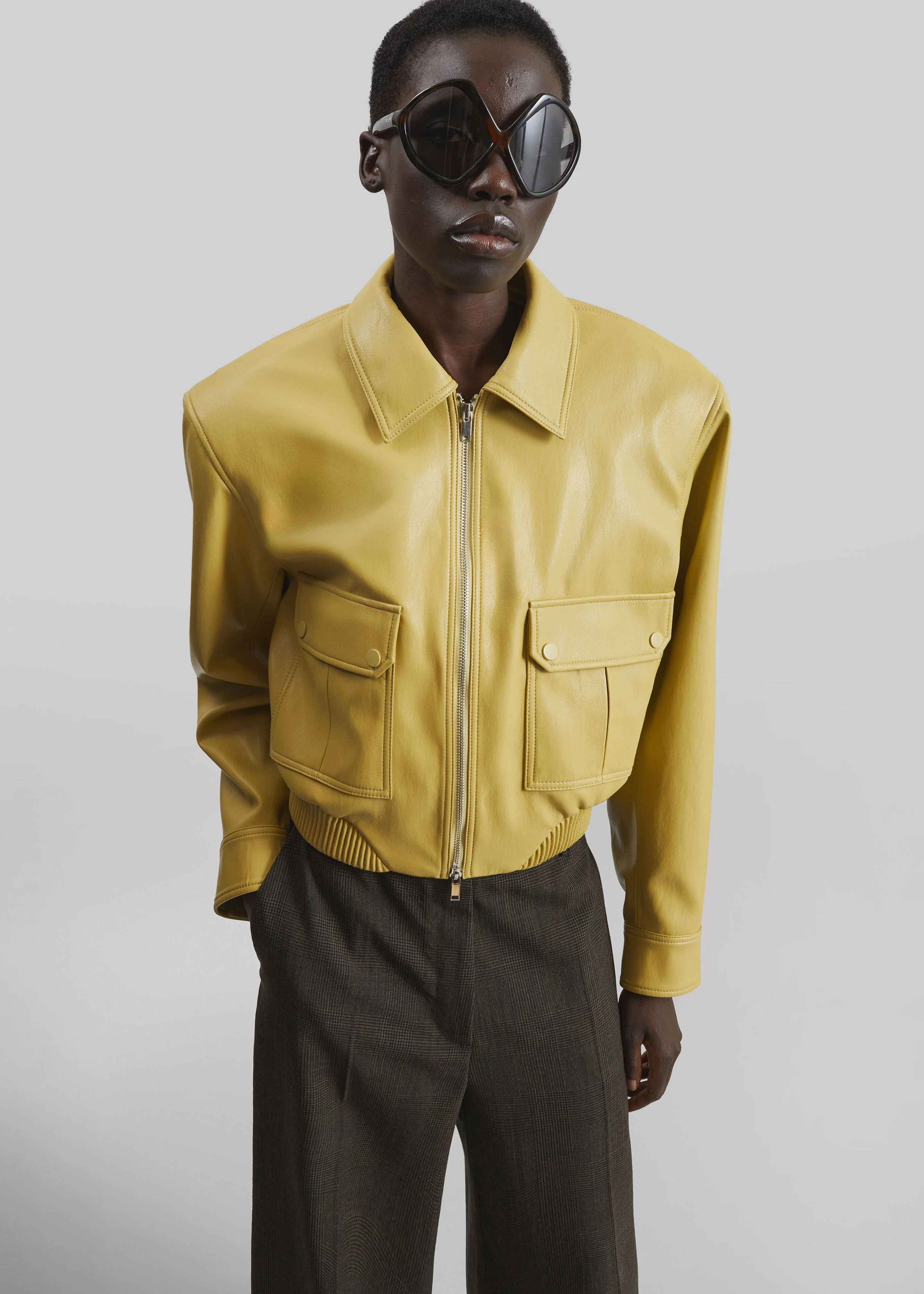 Denain Faux Leather Cropped Bomber Jacket - Yellow - Image 3