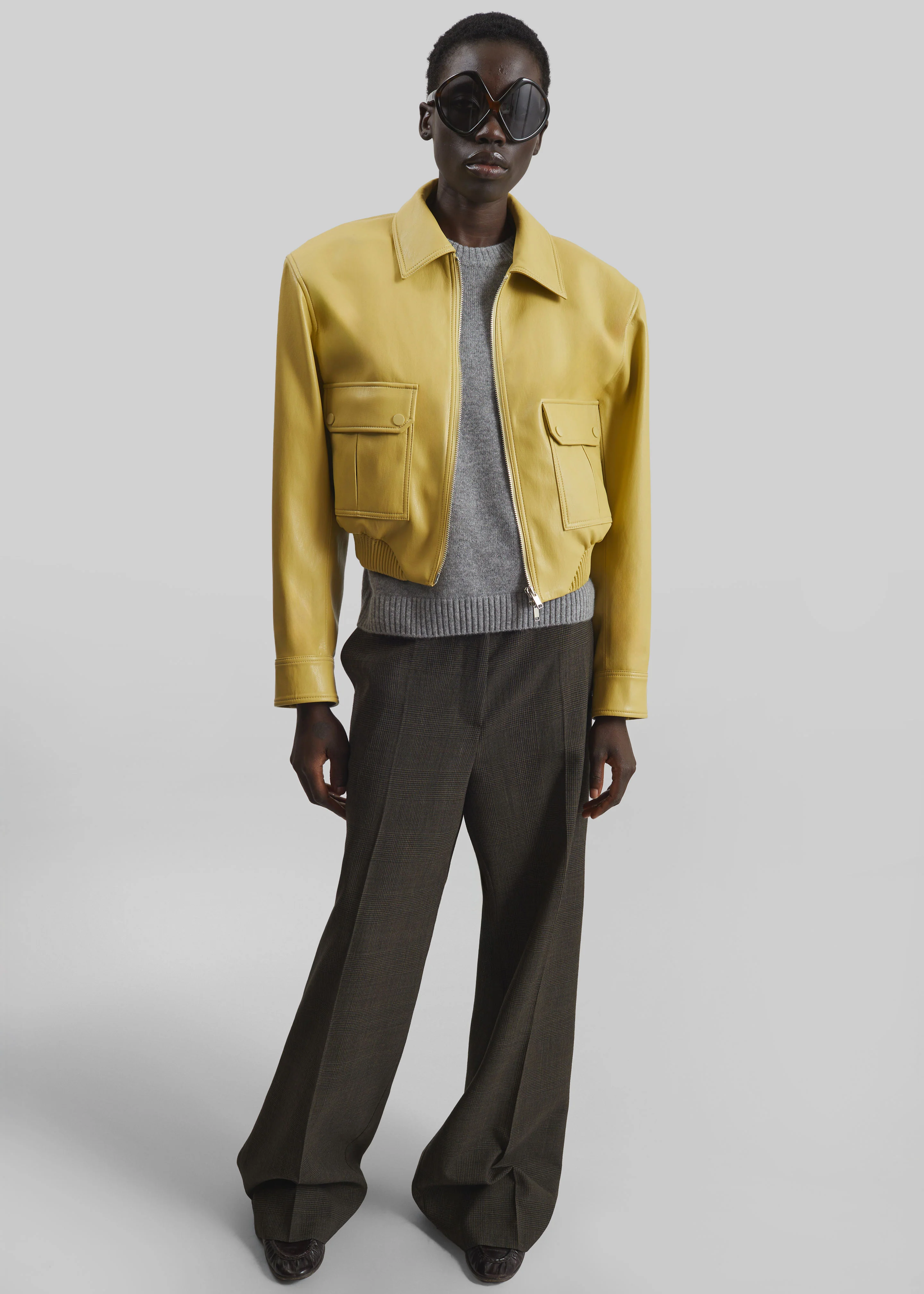 Denain Faux Leather Cropped Bomber Jacket - Yellow - Image 5
