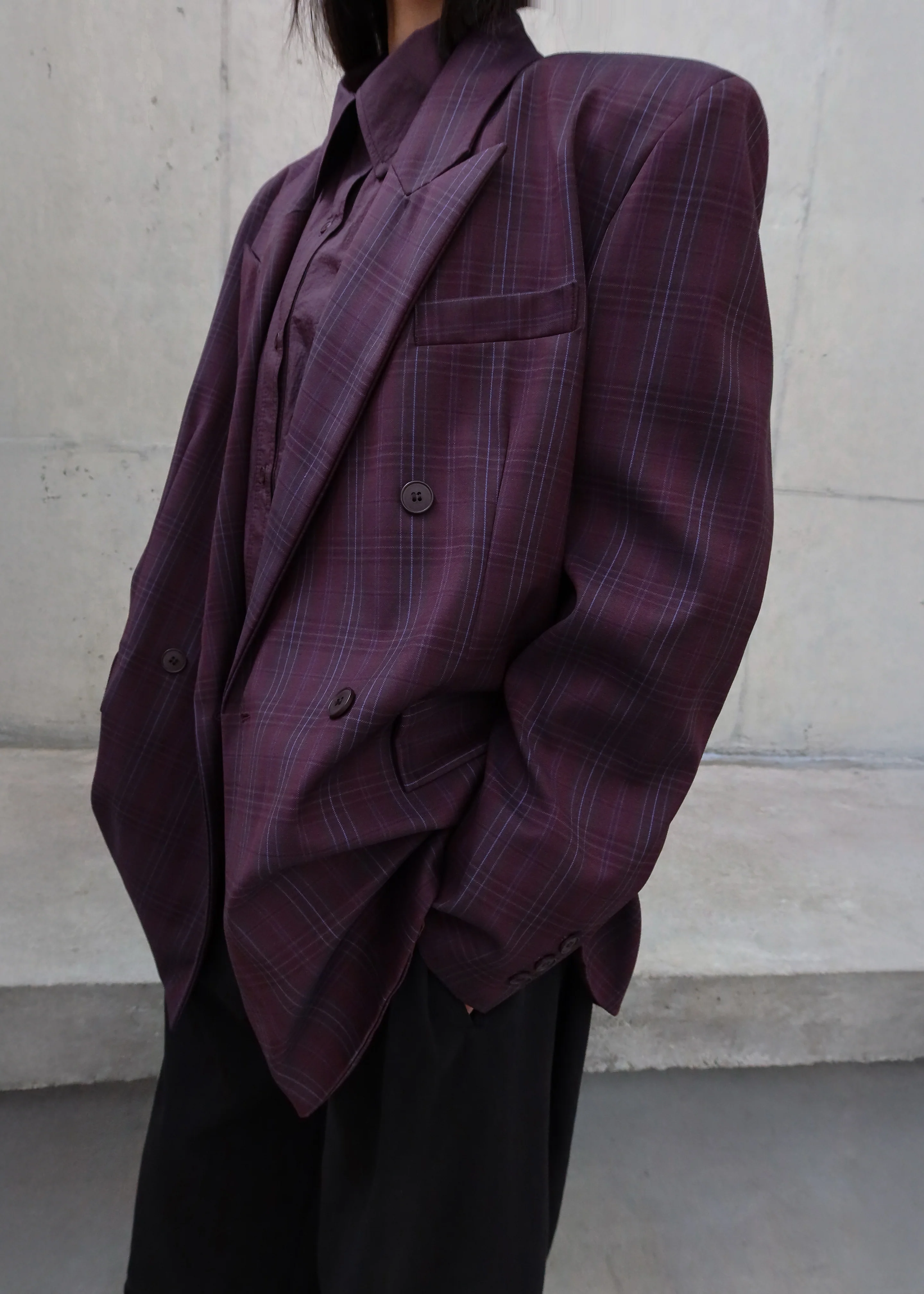 Dinant Padded Double-Breasted Blazer - Burgundy Plaid - Image 3