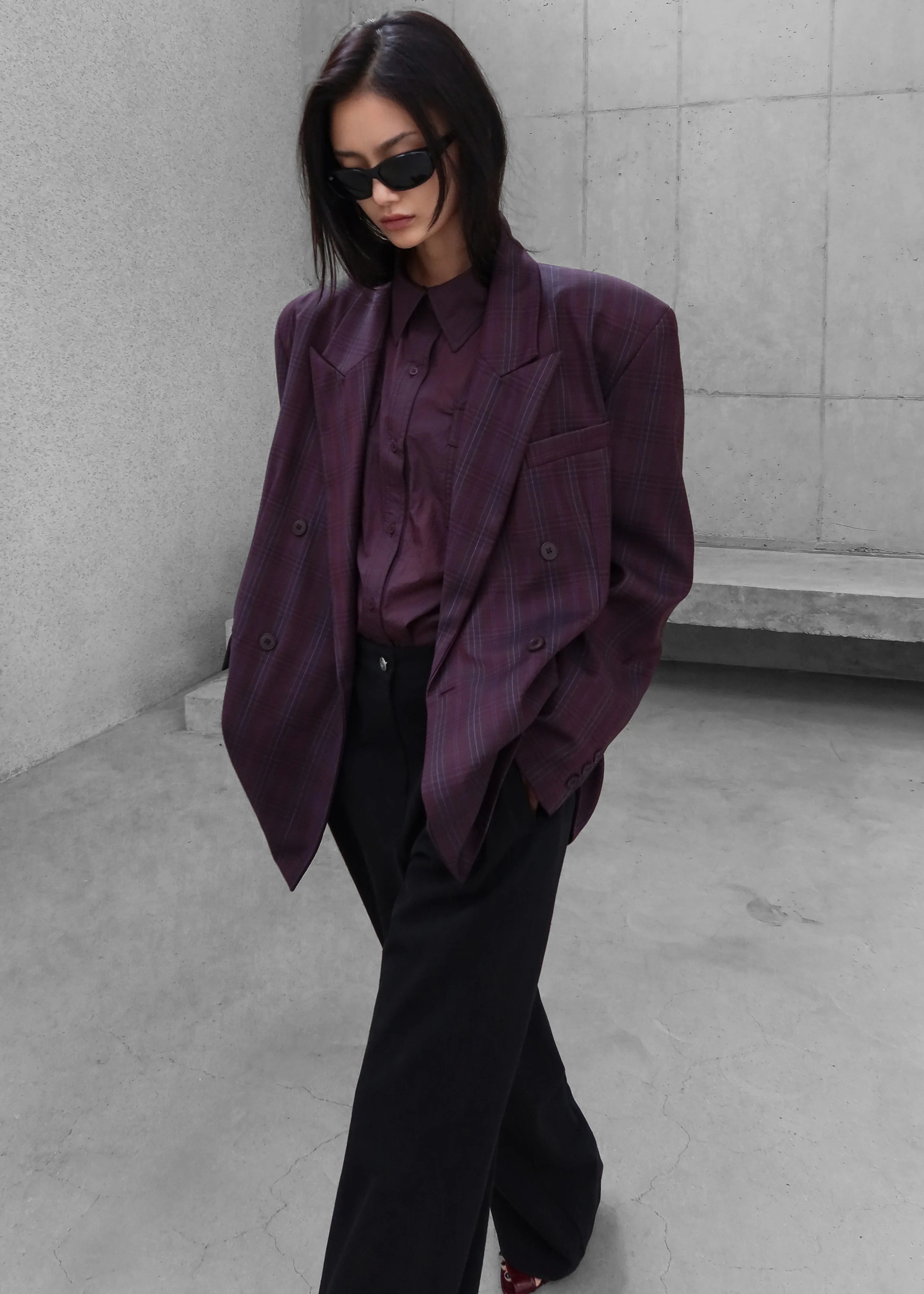 Dinant Padded Double-Breasted Blazer - Burgundy Plaid - Image 5