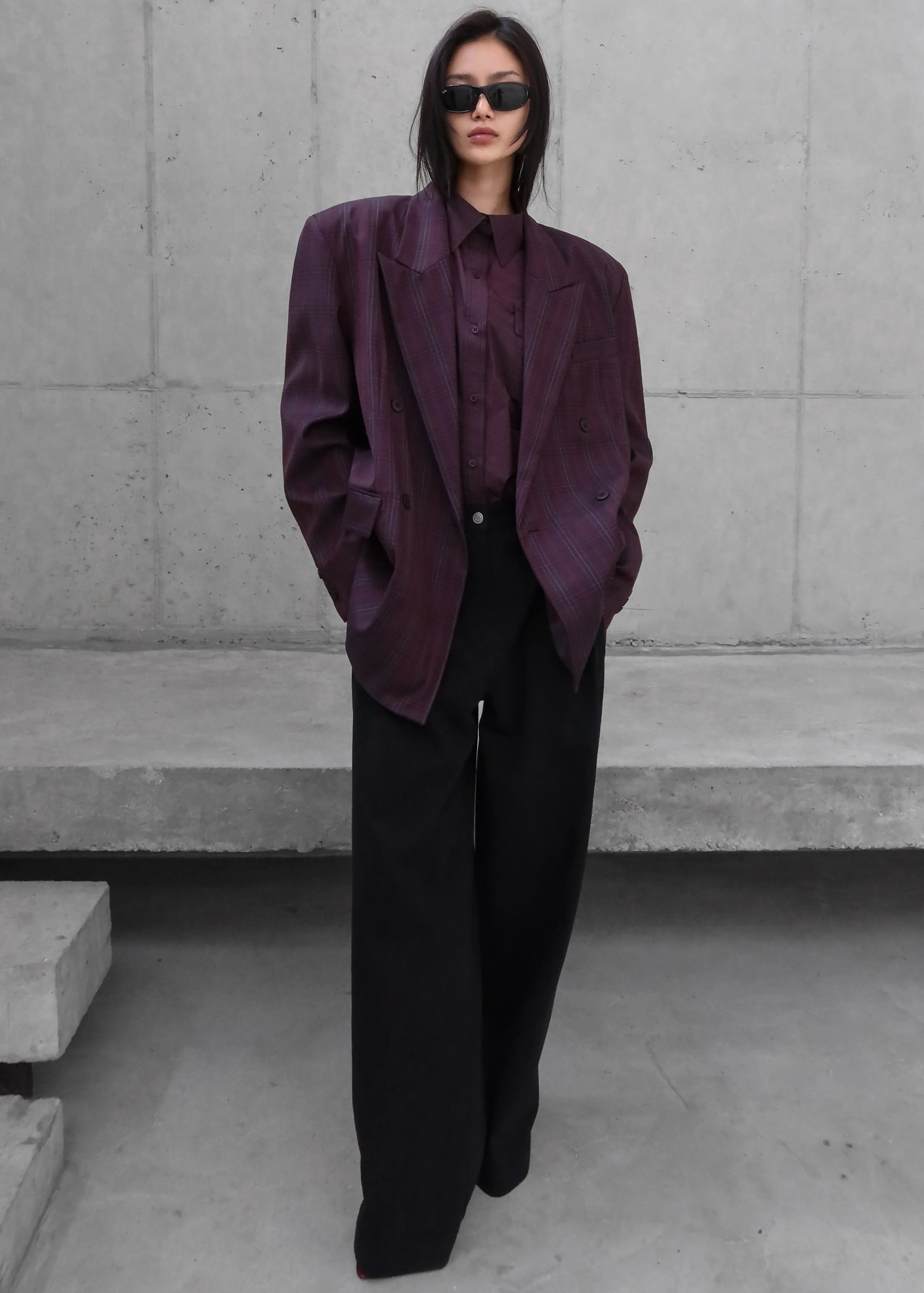 Dinant Padded Double-Breasted Blazer - Burgundy Plaid - Image 8