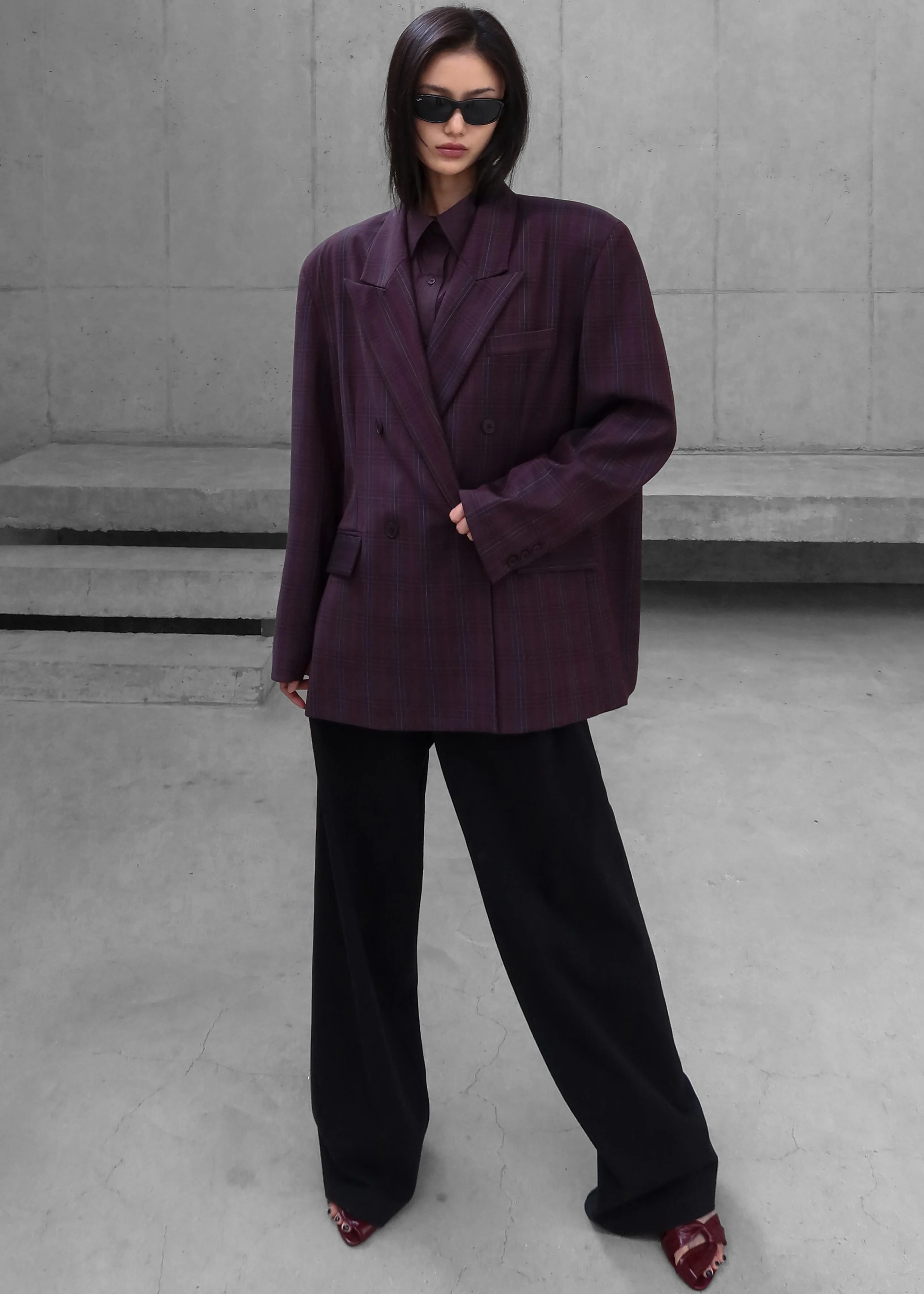 Dinant Padded Double-Breasted Blazer - Burgundy Plaid - Image 9