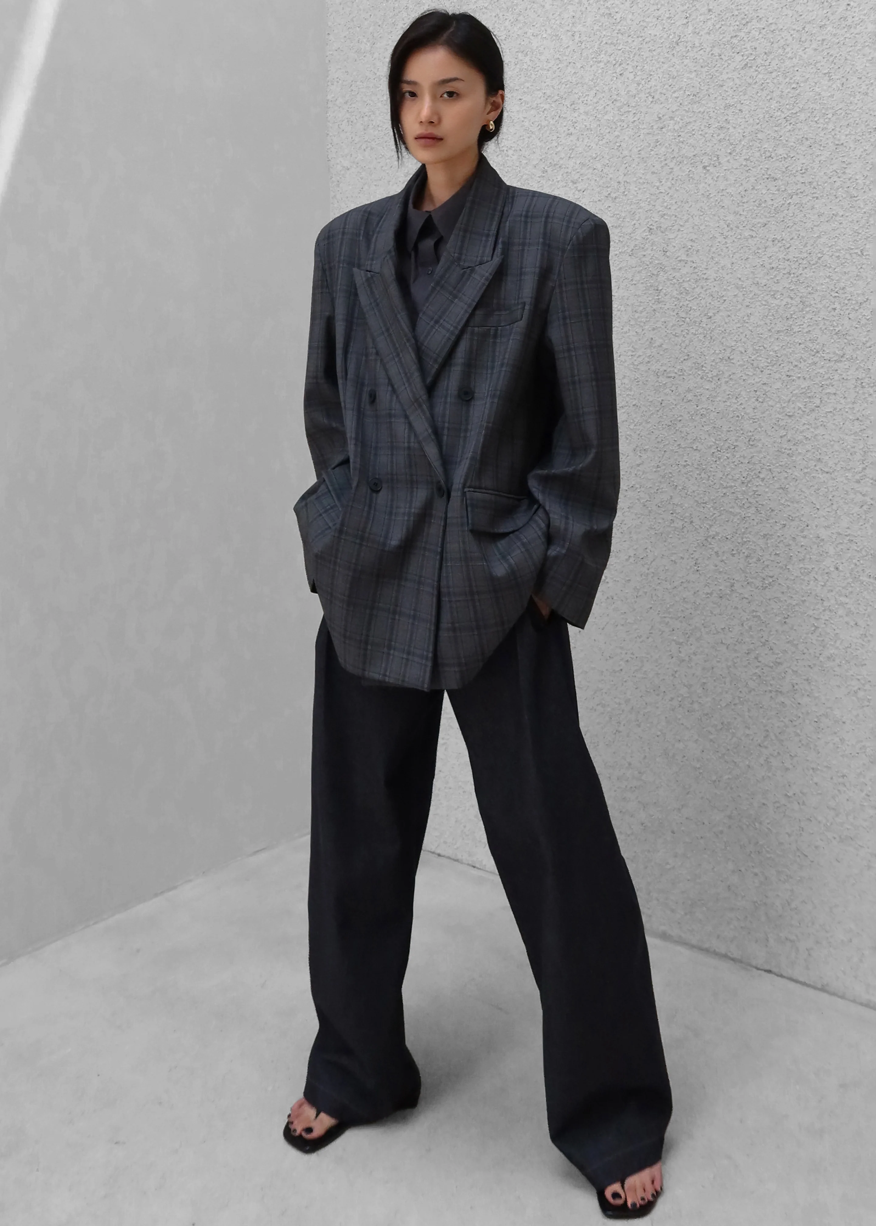 Dinant Padded Double-Breasted Blazer - Grey Plaid