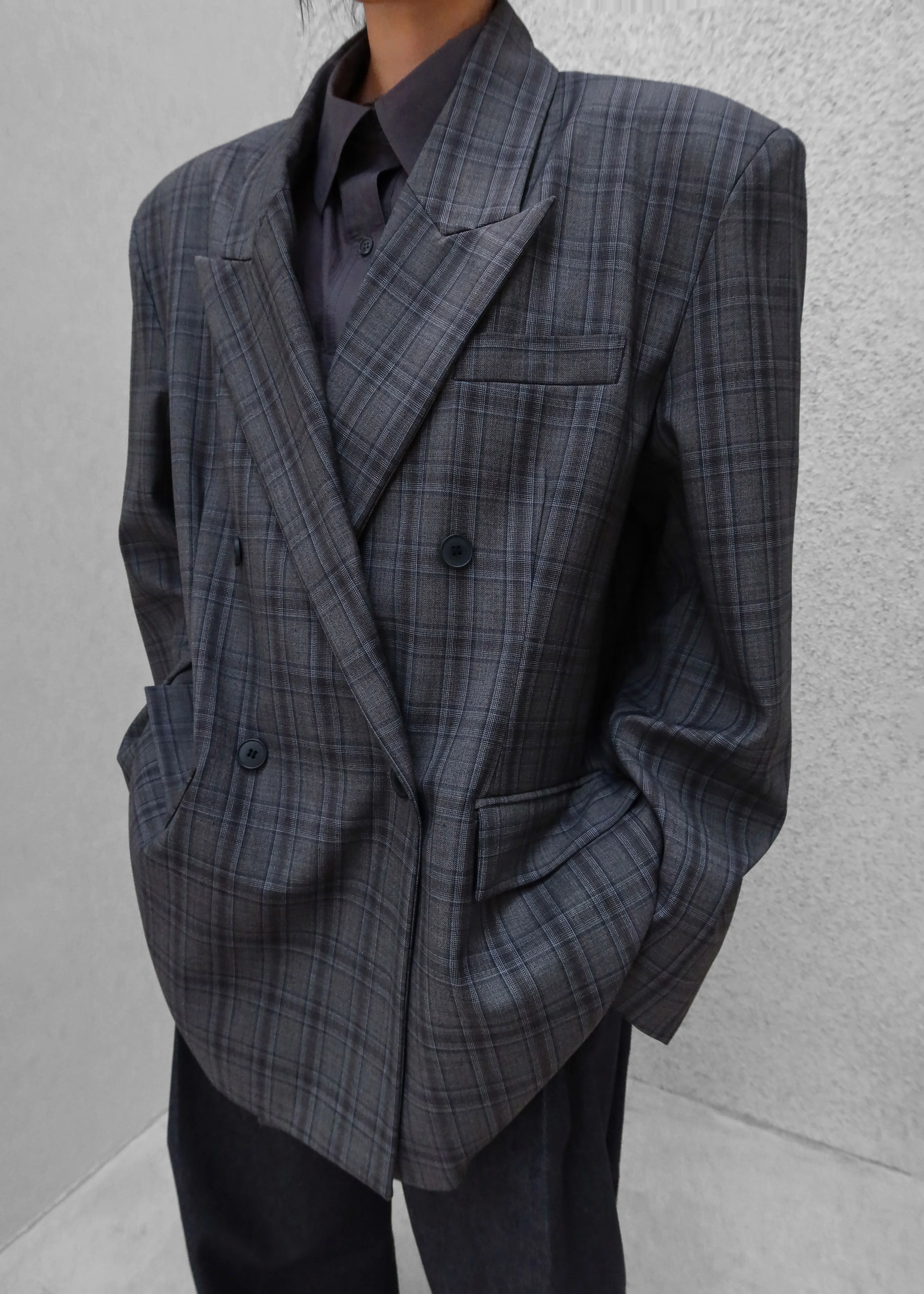 Dinant Padded Double-Breasted Blazer - Grey Plaid - Image 2