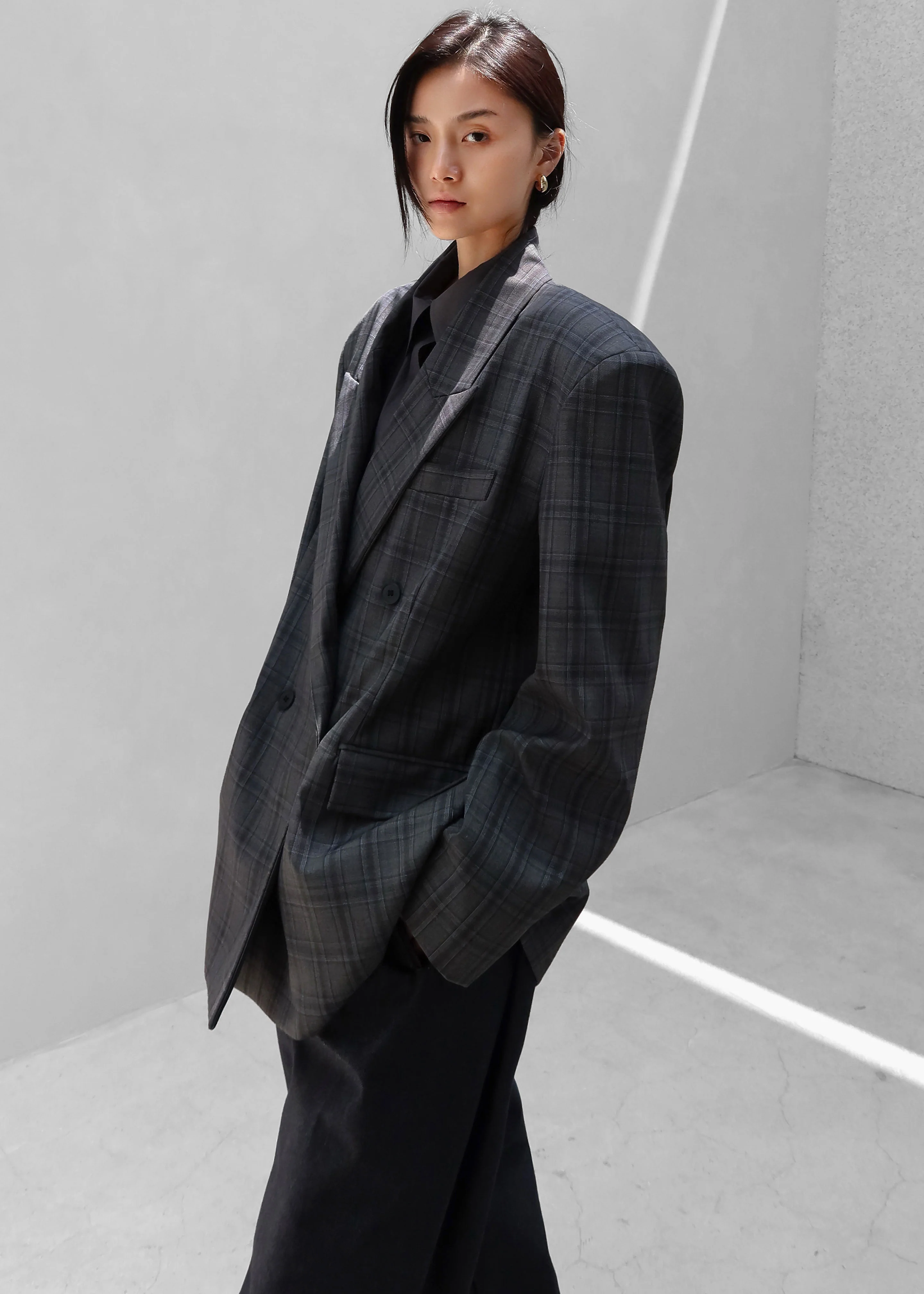 Dinant Padded Double-Breasted Blazer - Grey Plaid - Image 8