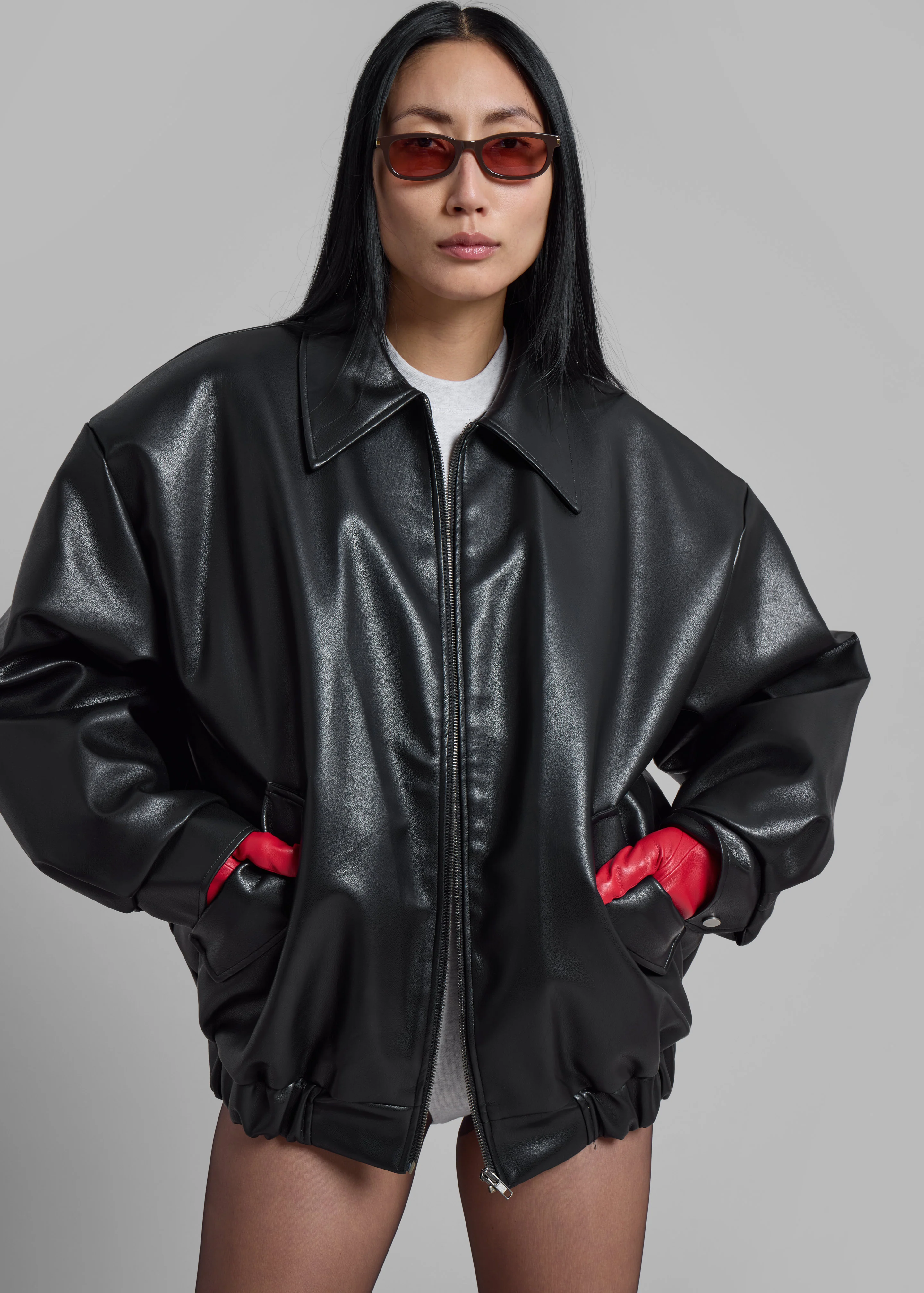 Elden Faux Leather Bomber Jacket - Black - Image 6