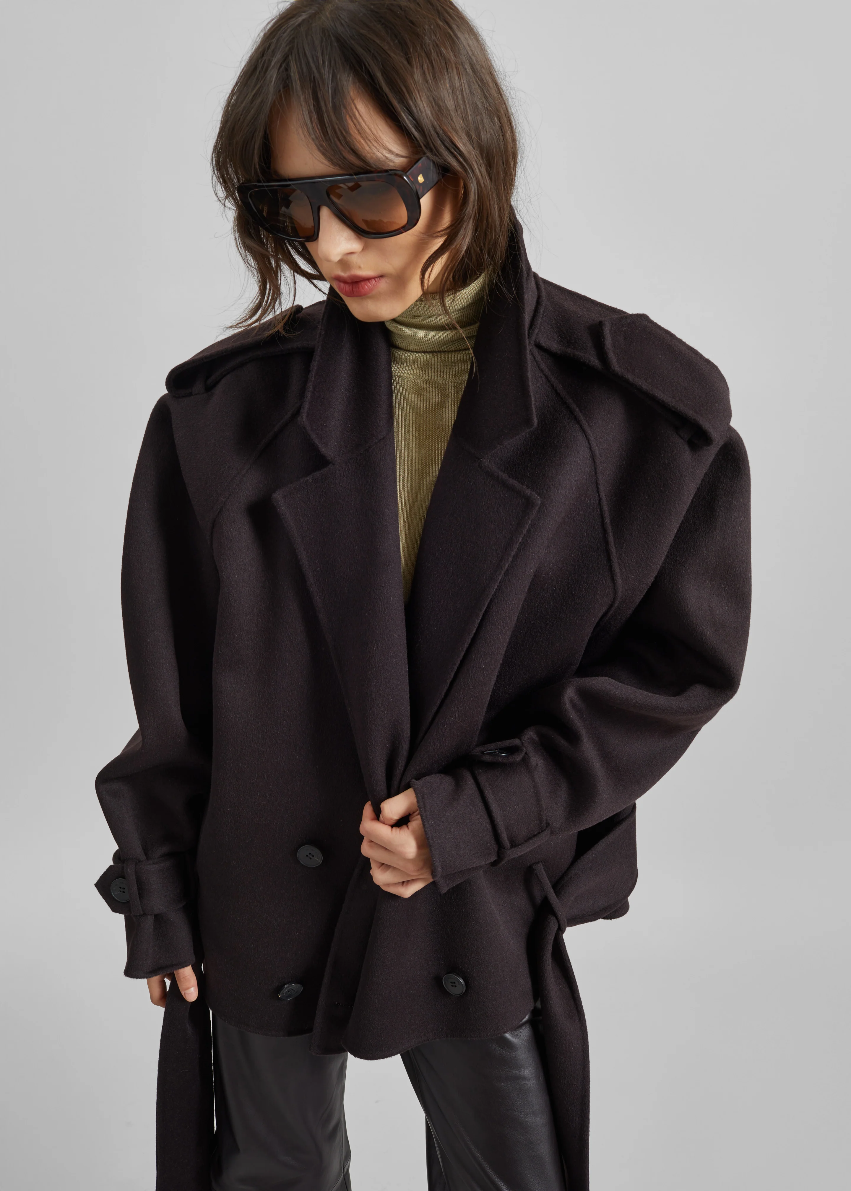 Elys Short Wool Trench - Dark Plum - Image 3