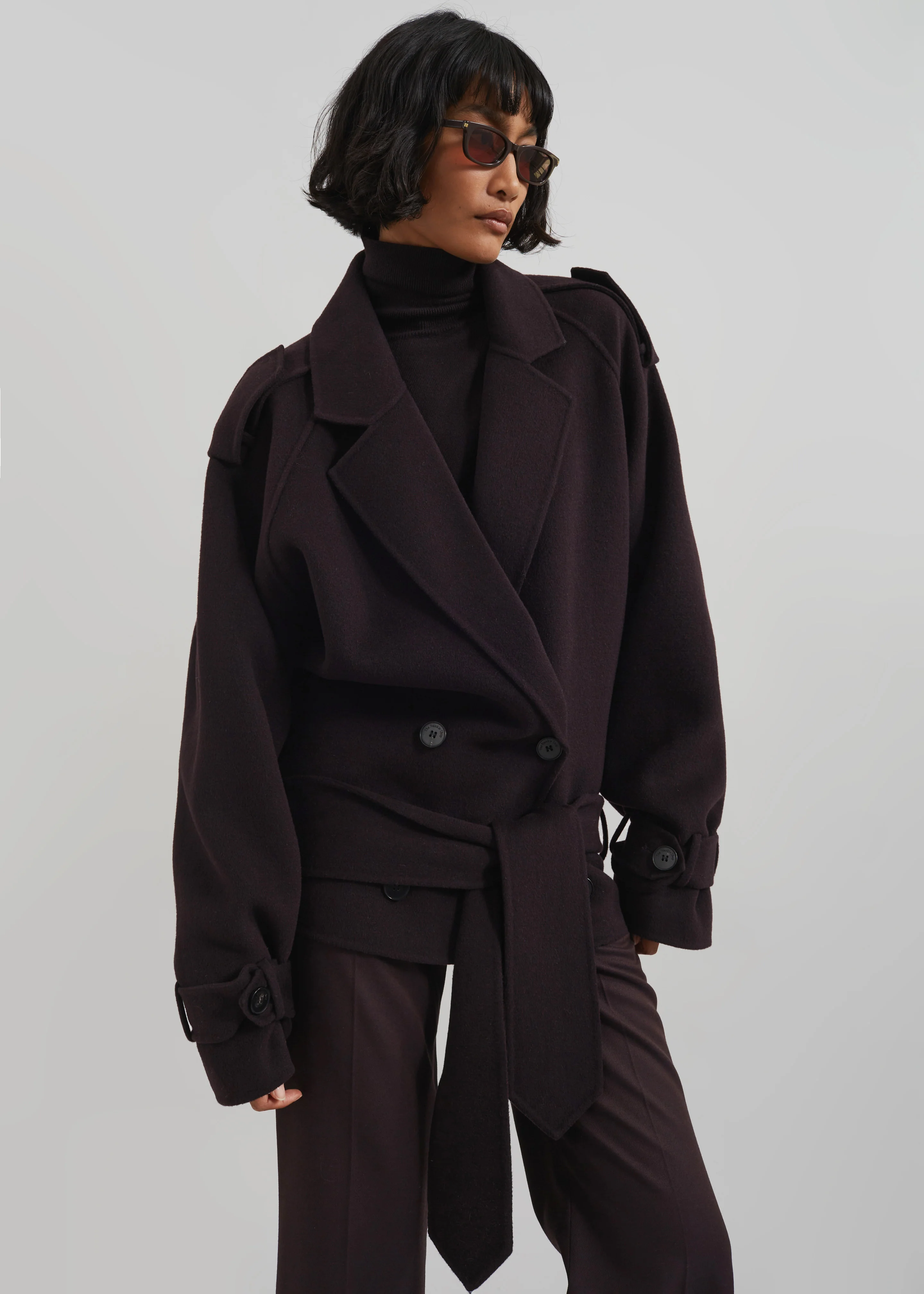 Elys Short Wool Trench - Dark Plum - Image 6