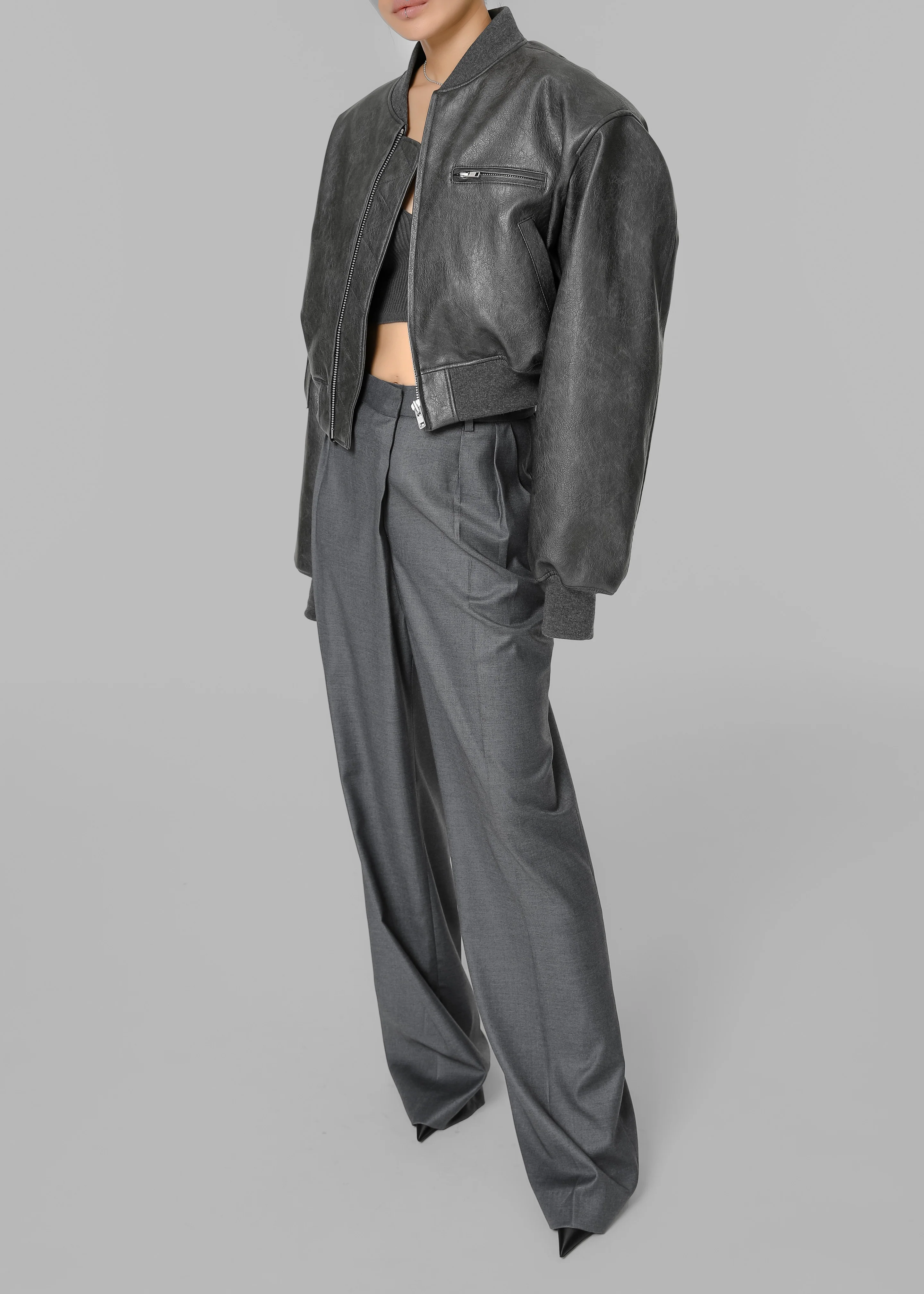 Gae Faux Leather Cropped Bomber - Charcoal - Image 12