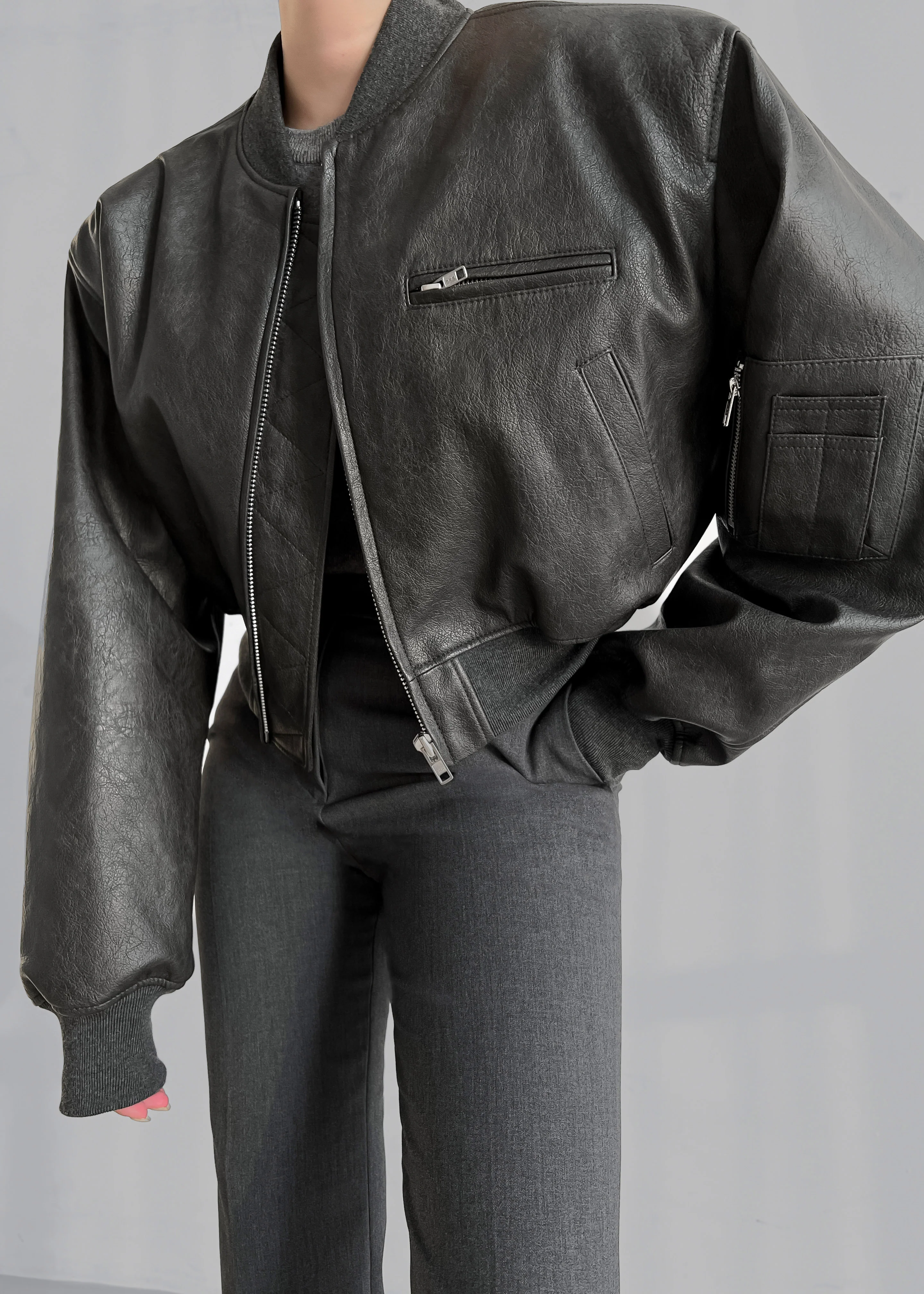 Gae Faux Leather Cropped Bomber - Charcoal - Image 8