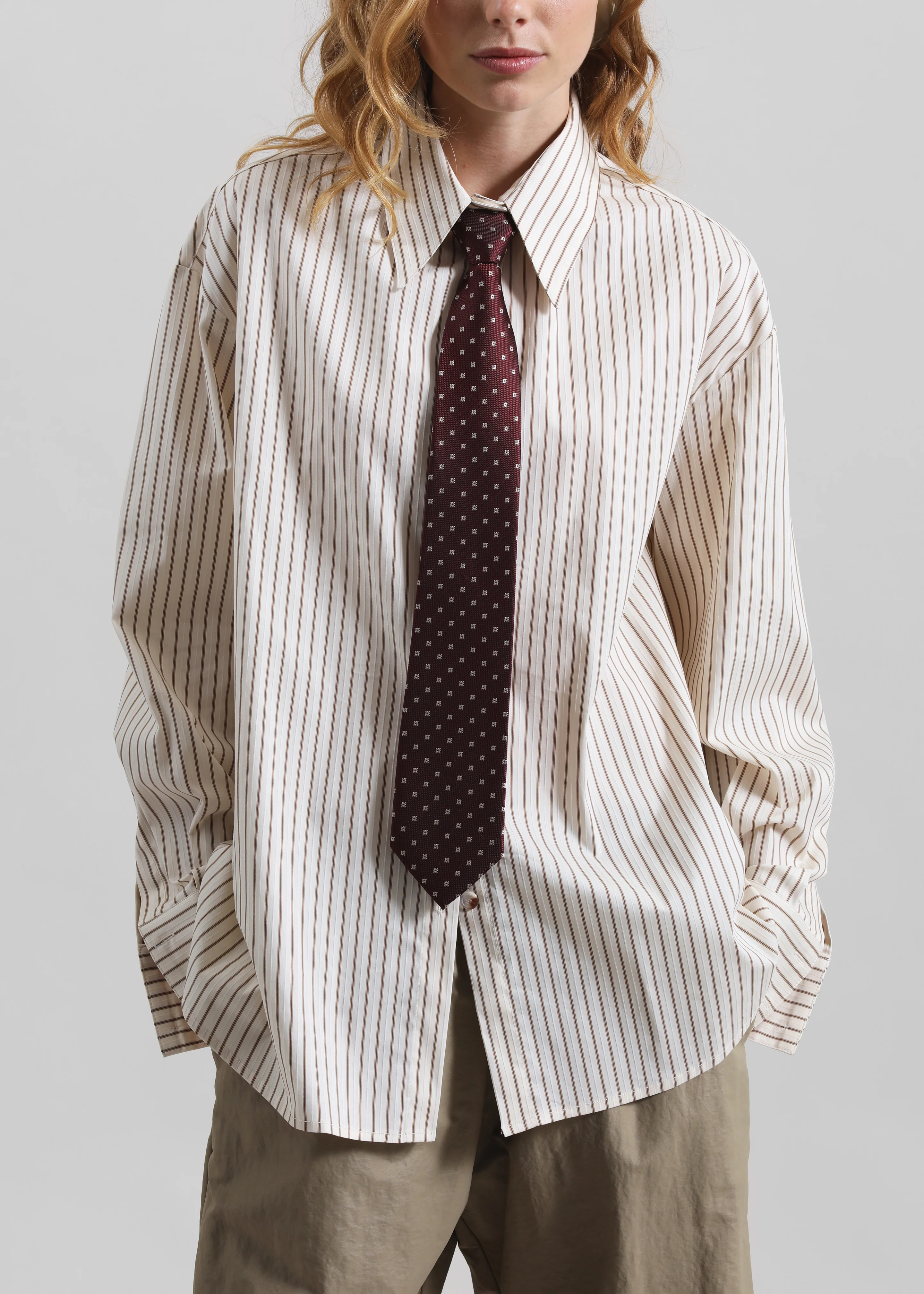 Gainsford Neck Tie Shirt - Beige/Brown Stripe - Image 4