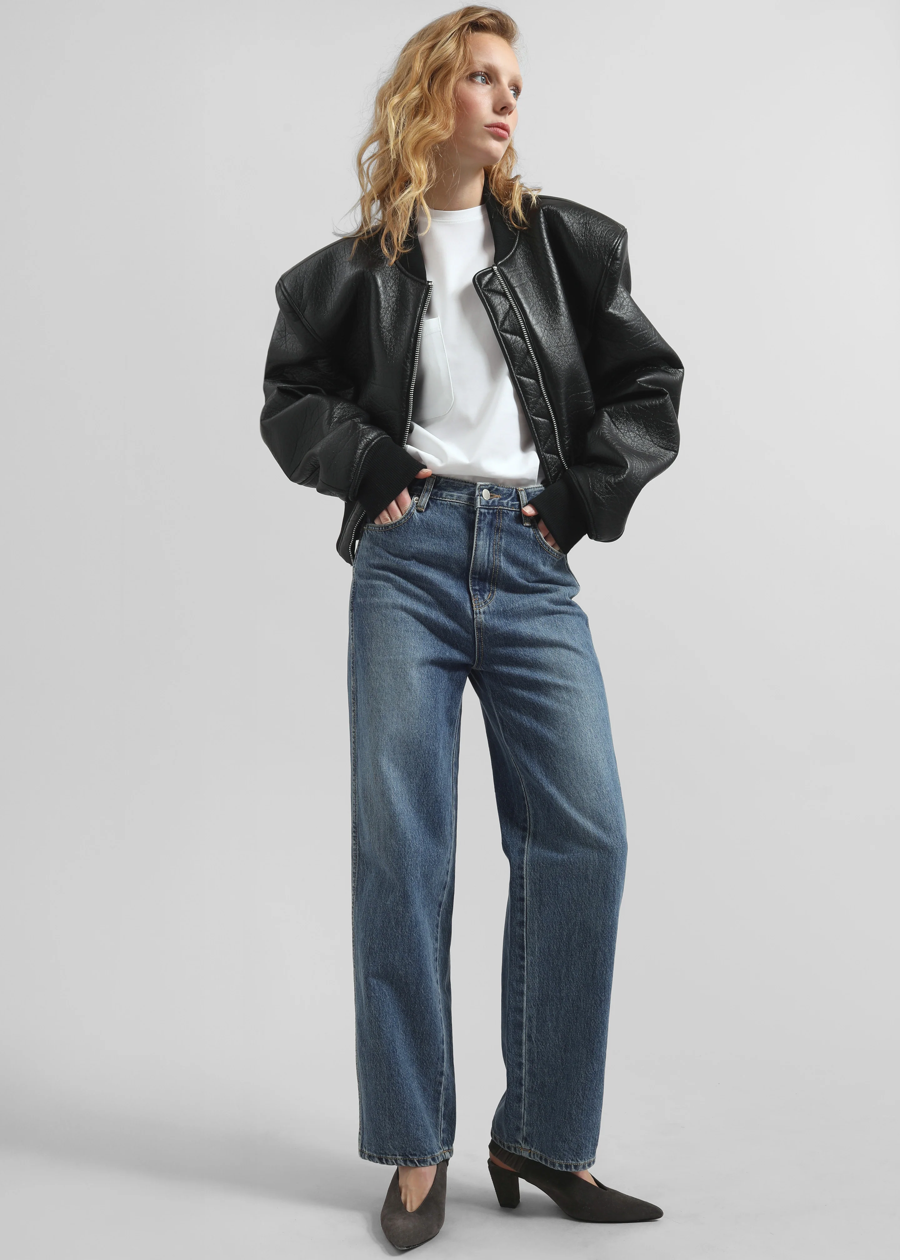 Glane Faux Leather Bomber Jacket - Black - Image 4