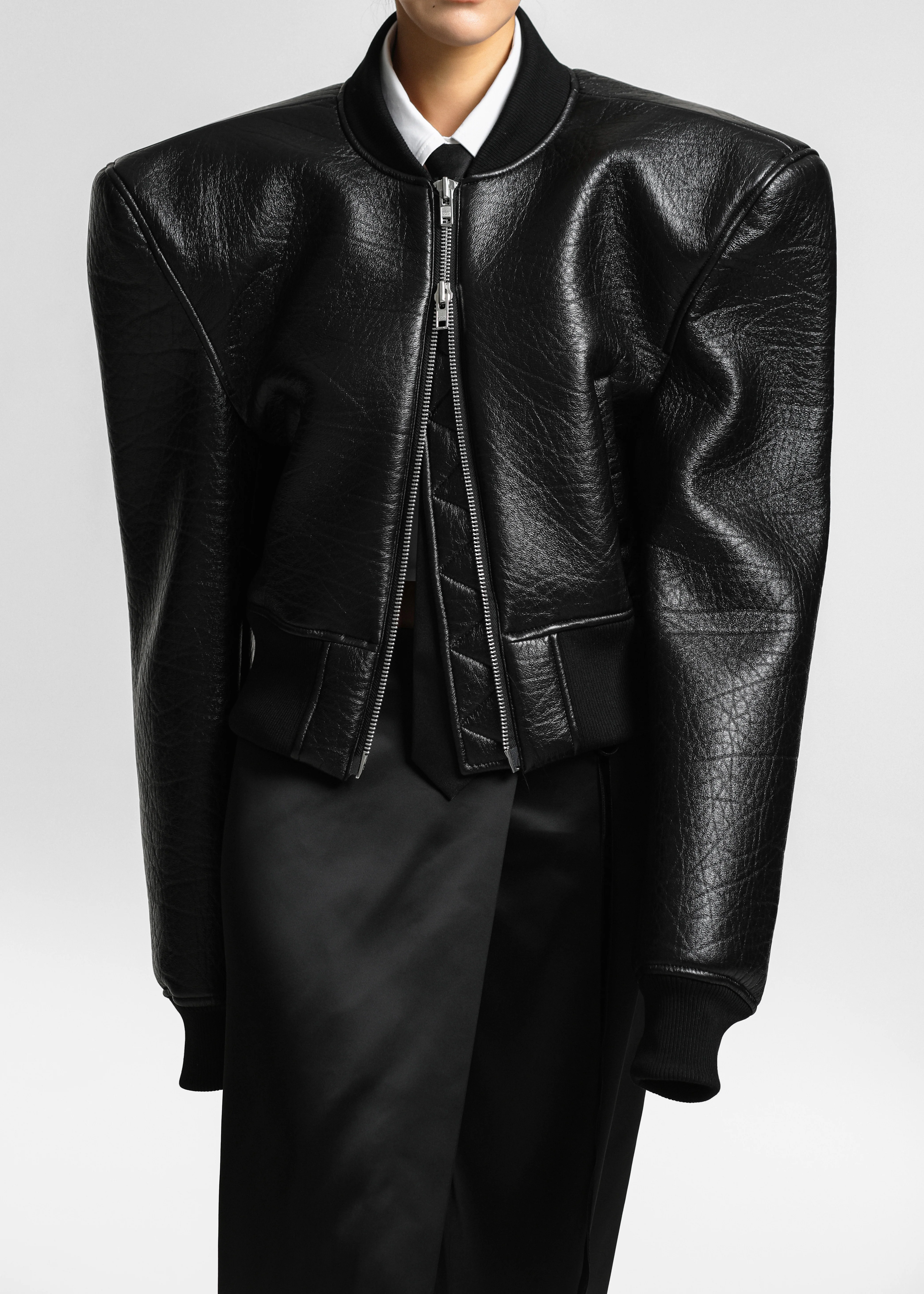 Glane Faux Leather Bomber Jacket - Black - Image 9