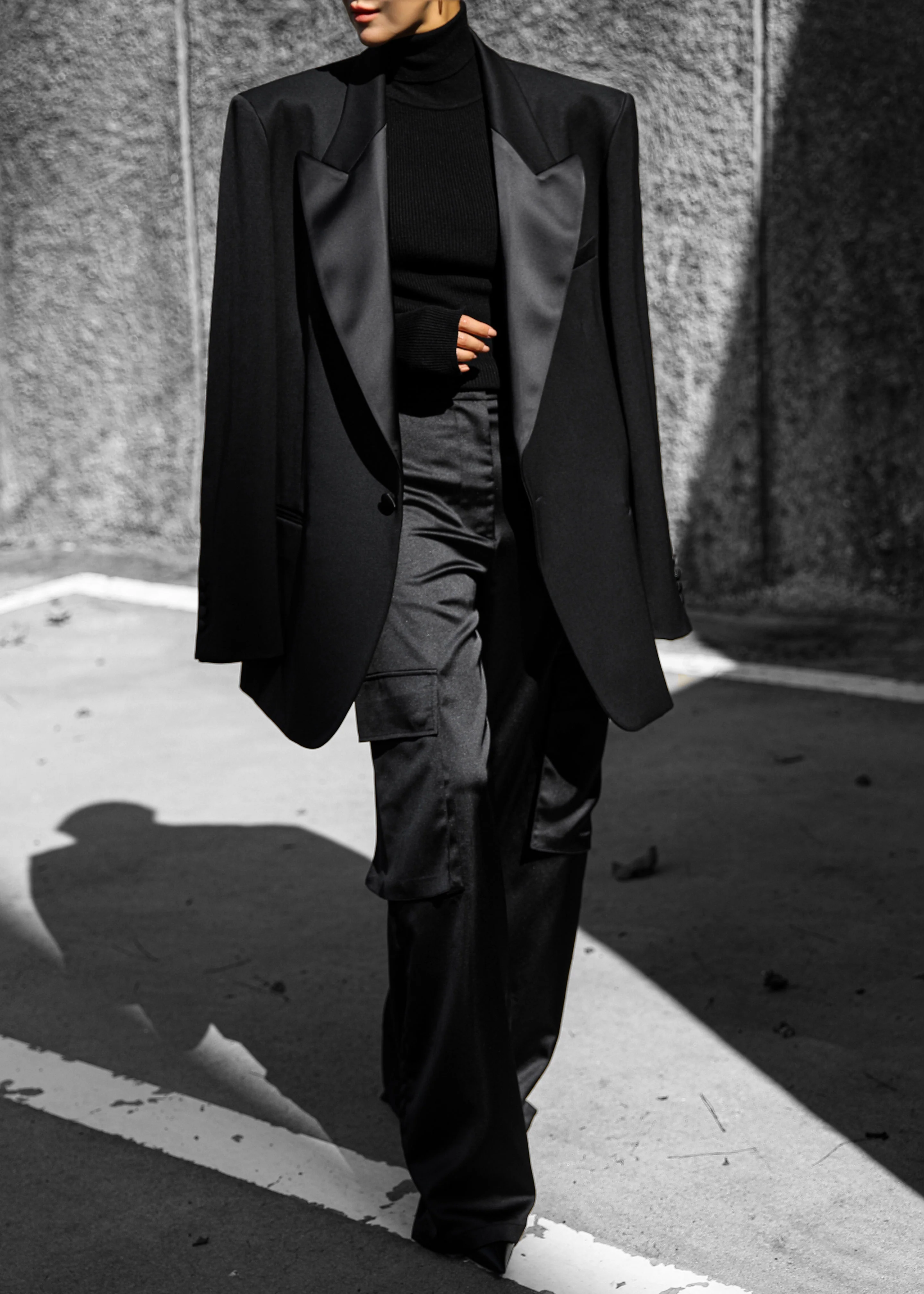 Halle Satin Collar Blazer - Black - Image 3