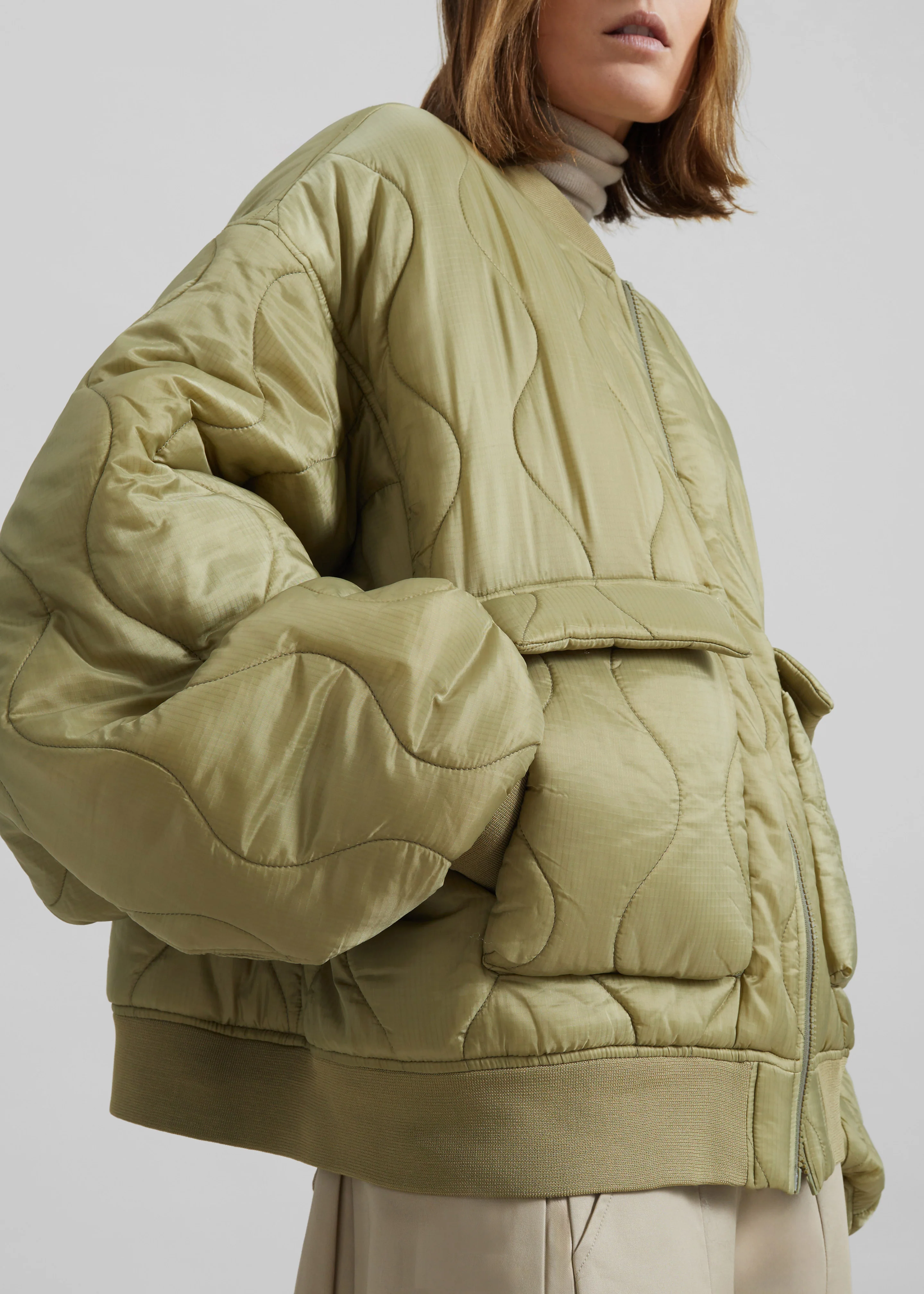 Halsey Quilted Bomber Jacket - Moss Green - Image 2
