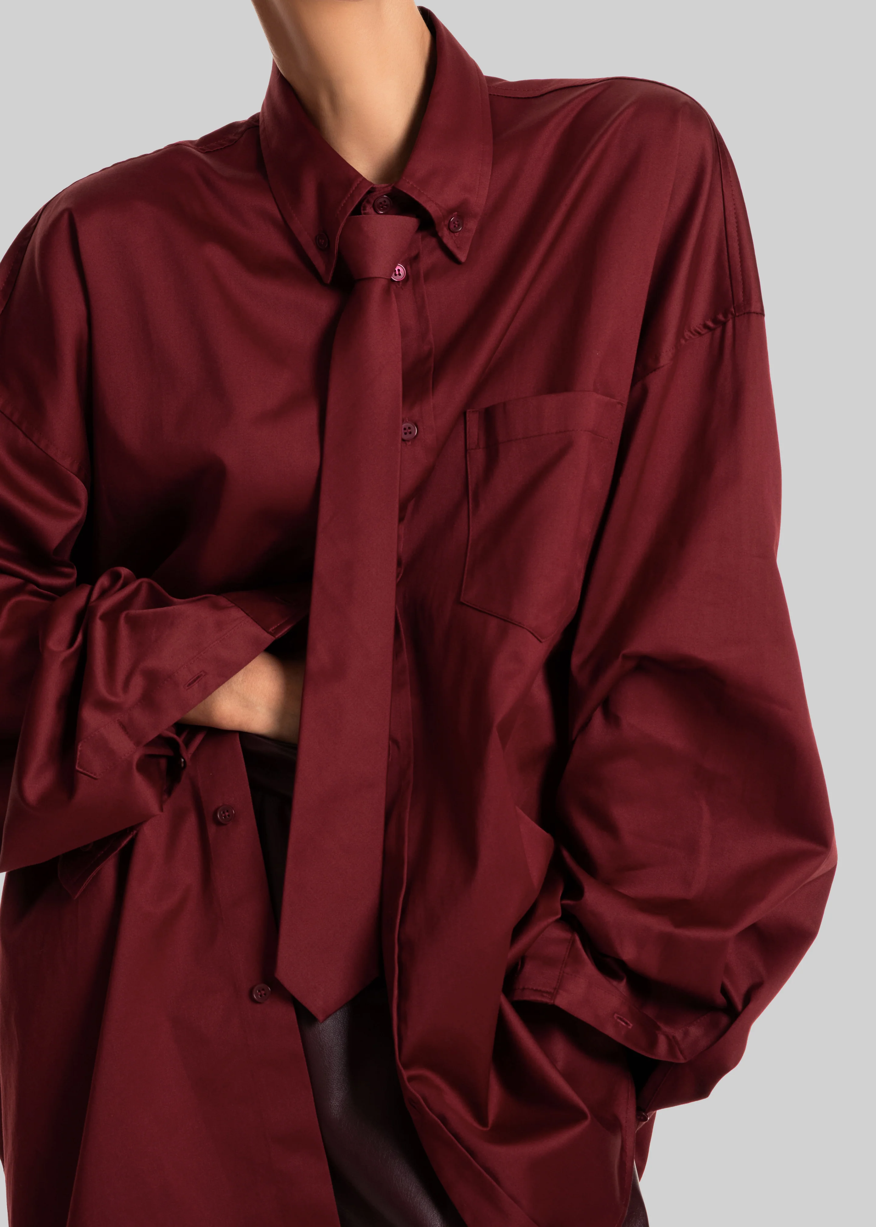 Havelock Oversized Neck-Tie Shirt - Dark Red - Image 2