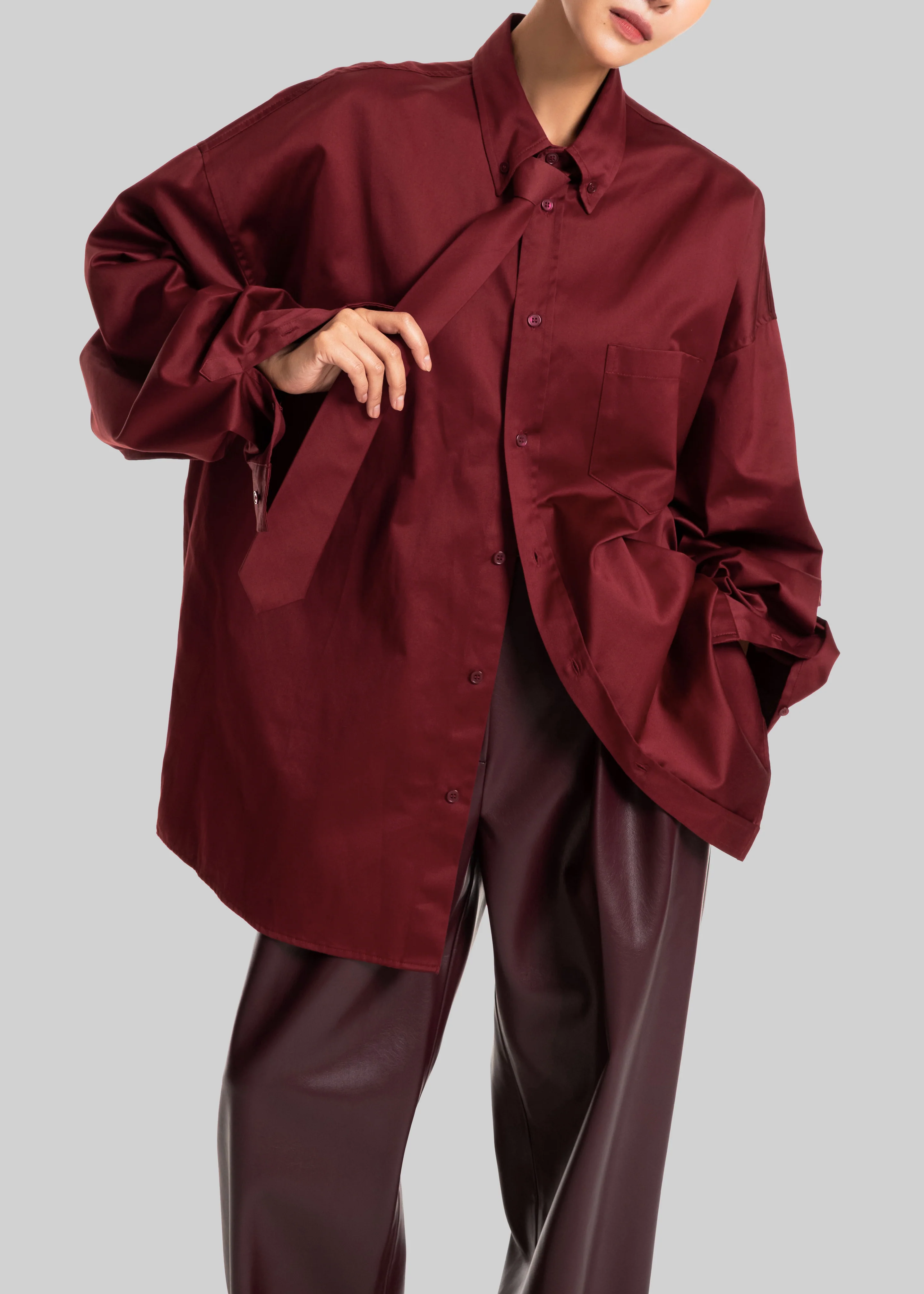 Havelock Oversized Neck-Tie Shirt - Dark Red - Image 4
