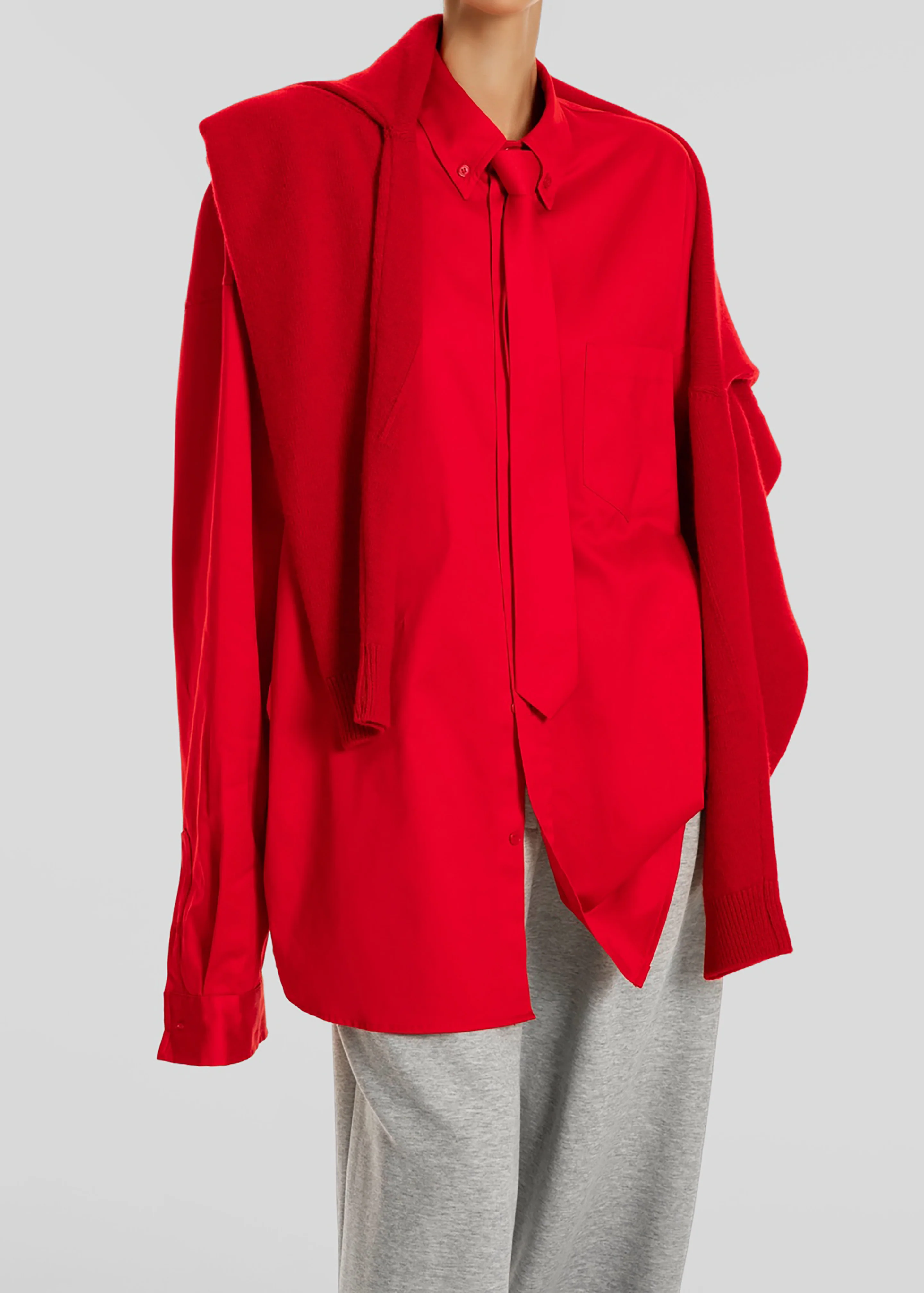 Havelock Oversized Neck-Tie Shirt - Red - Image 2