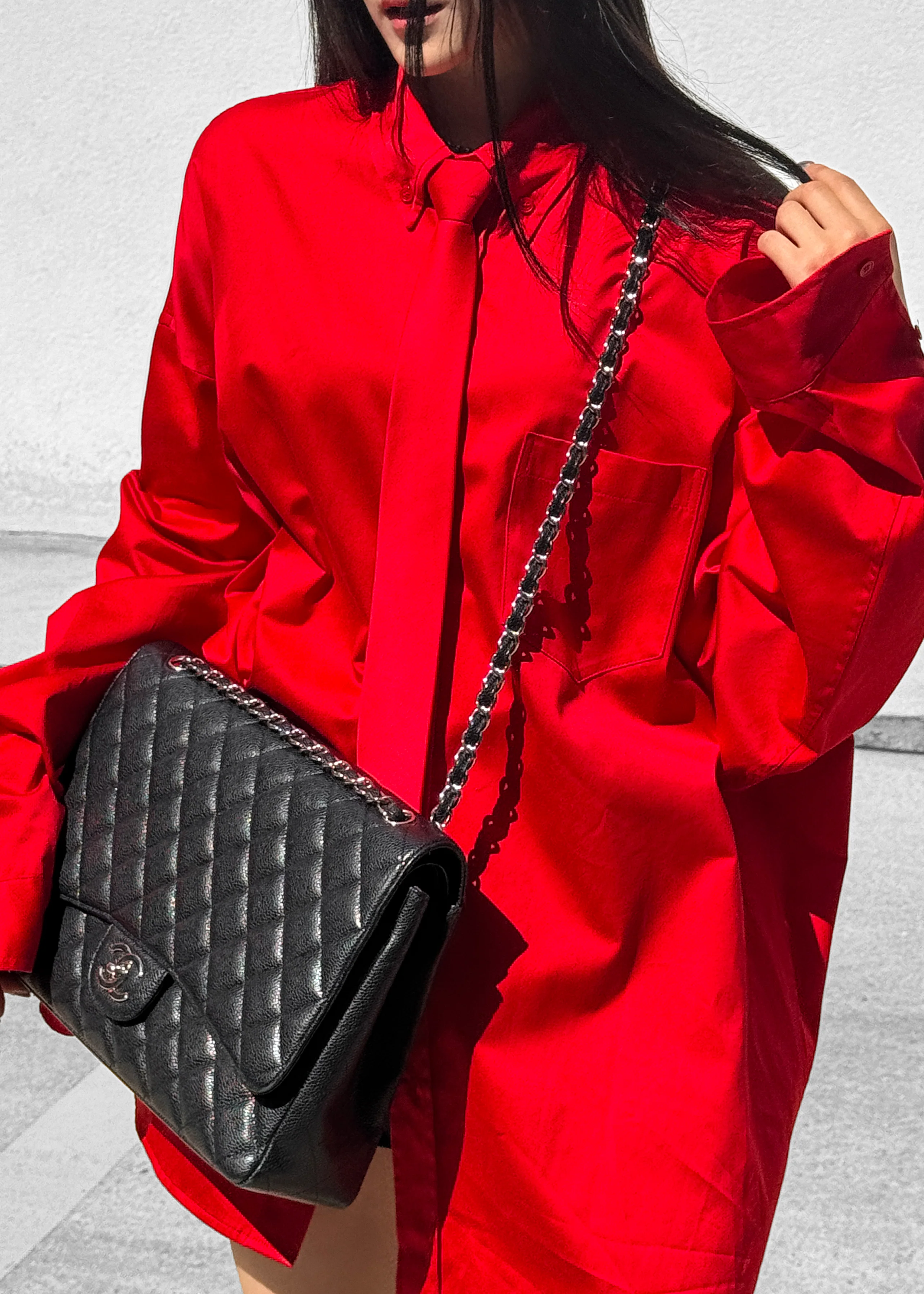 Havelock Oversized Neck-Tie Shirt - Red - Image 3