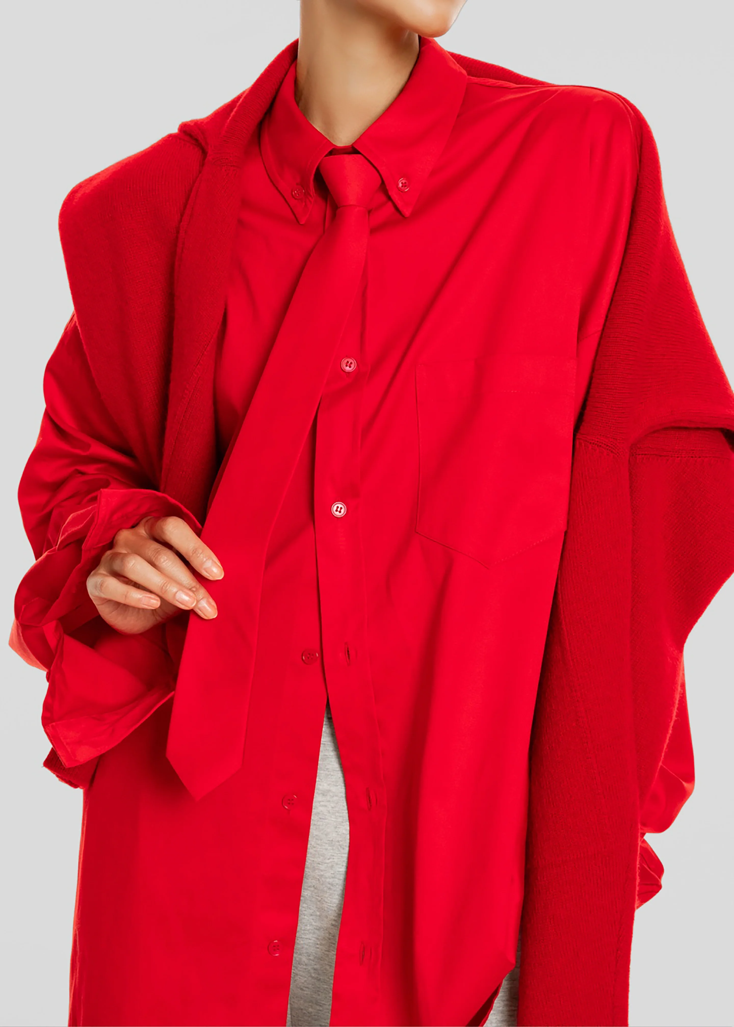 Havelock Oversized Neck-Tie Shirt - Red - Image 4
