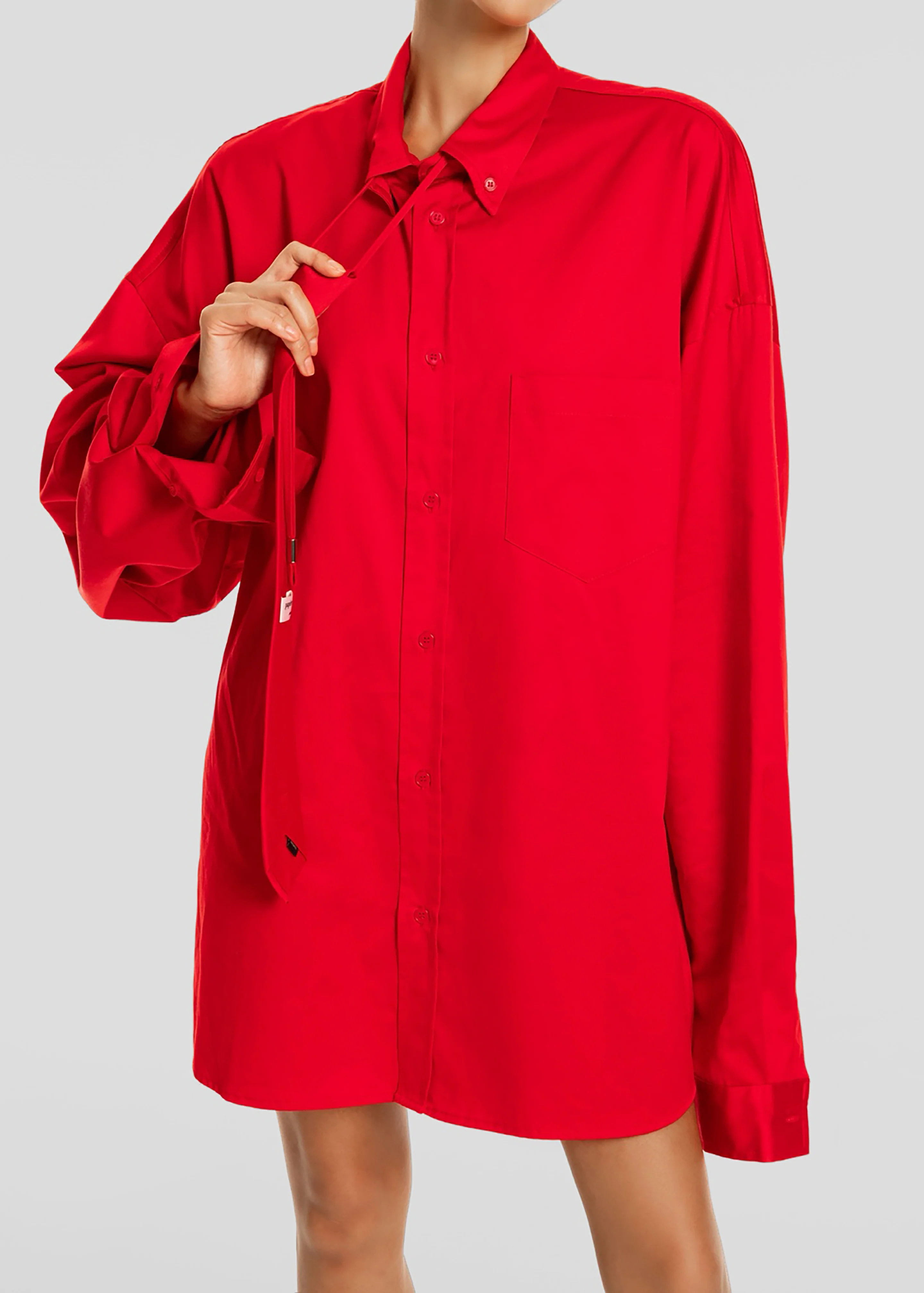 Havelock Oversized Neck-Tie Shirt - Red - Image 8