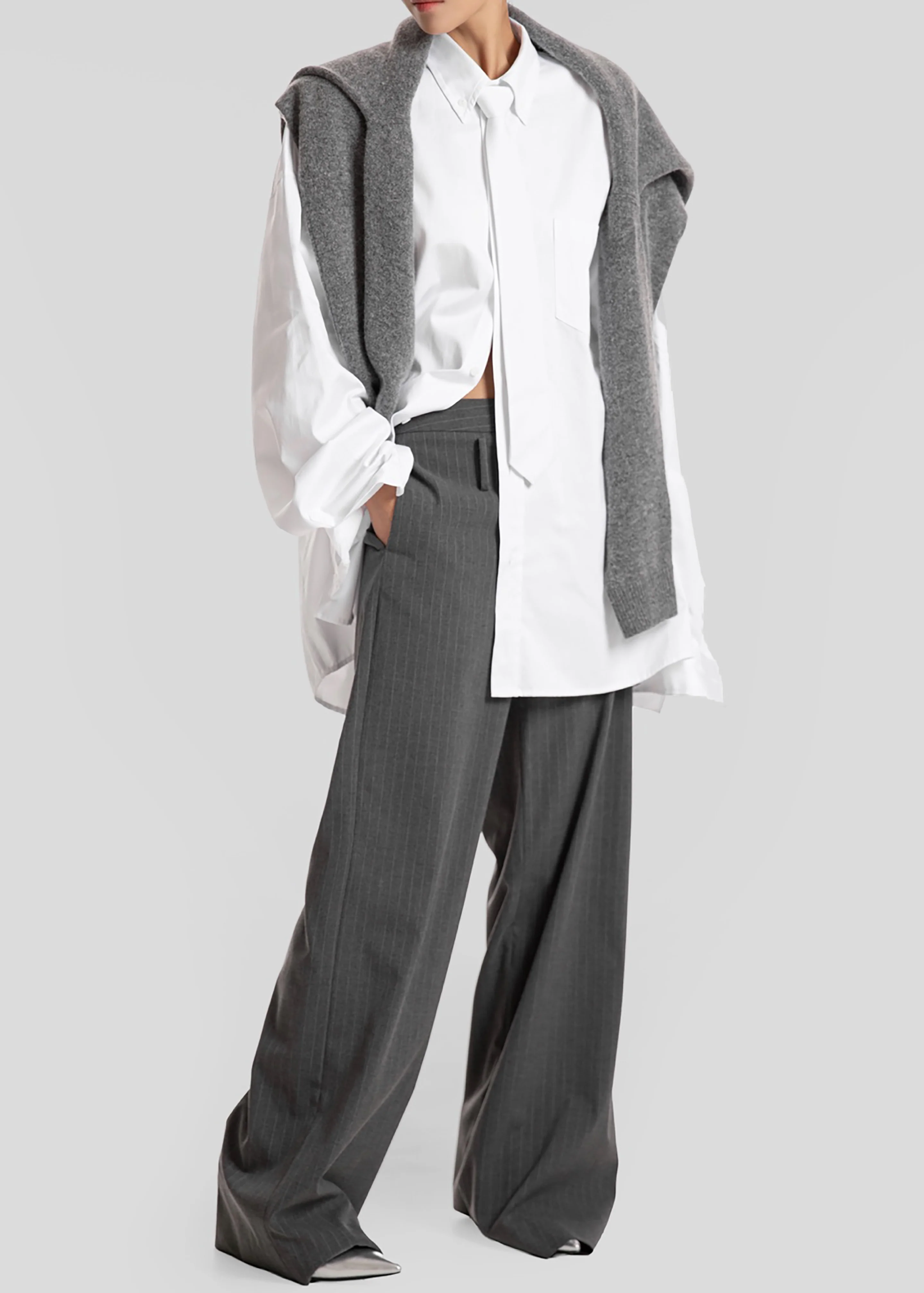 Havelock Oversized Neck-Tie Shirt - White - Image 3