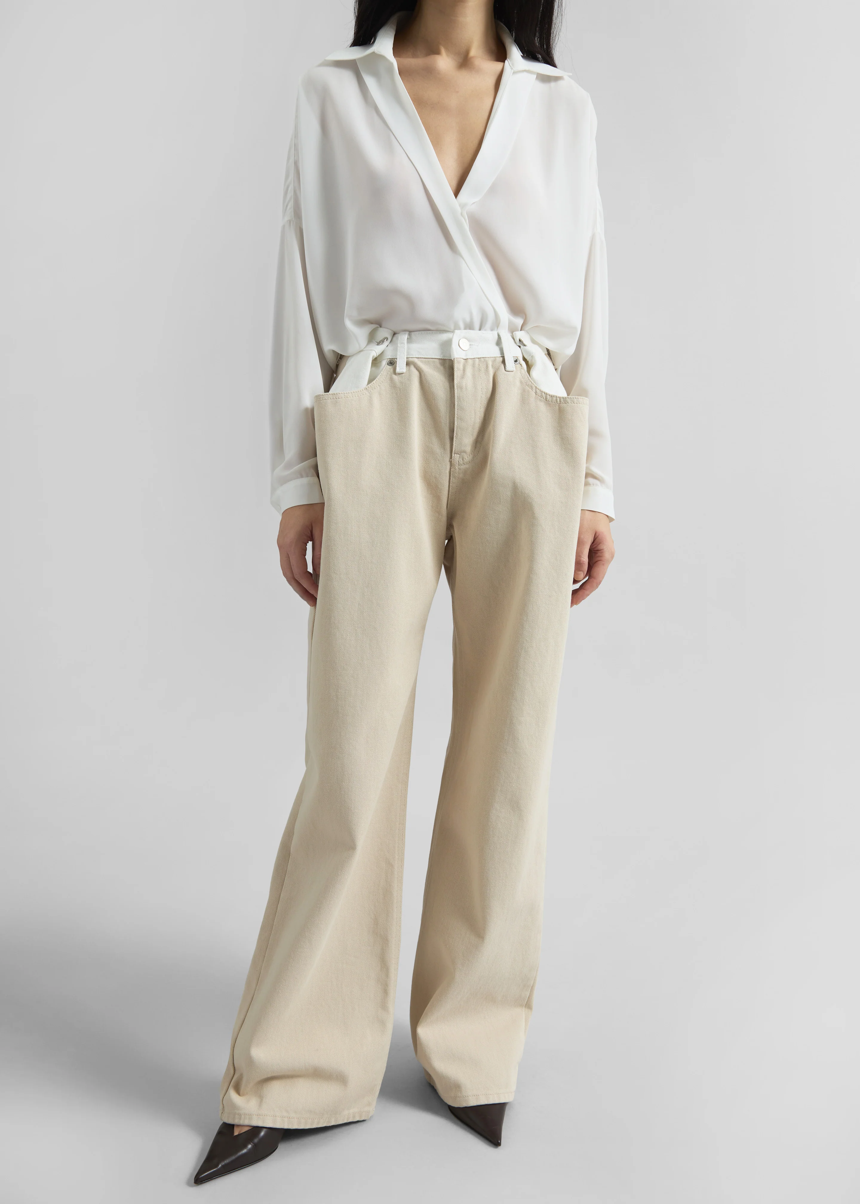 Hayla Contrast Denim Pants - Beige/Off White - Image 2