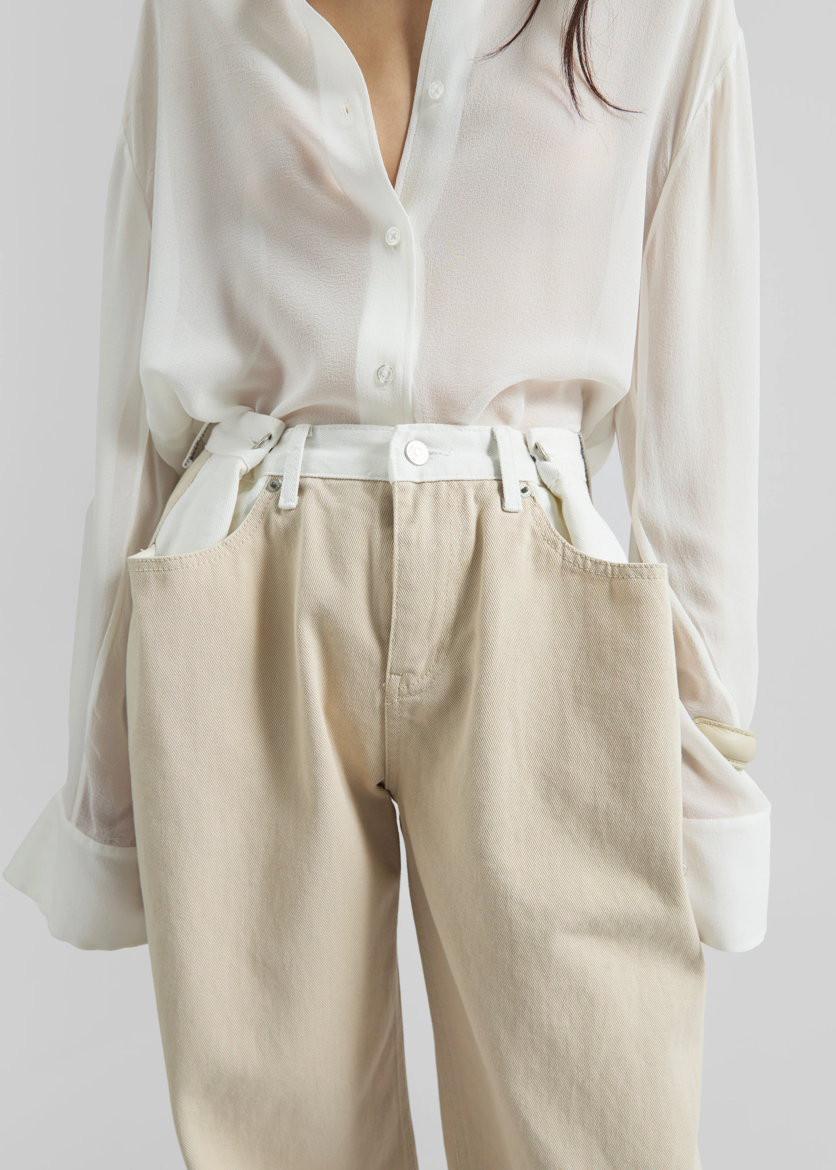 Hayla Contrast Denim Pants - Beige/Off White - Image 3