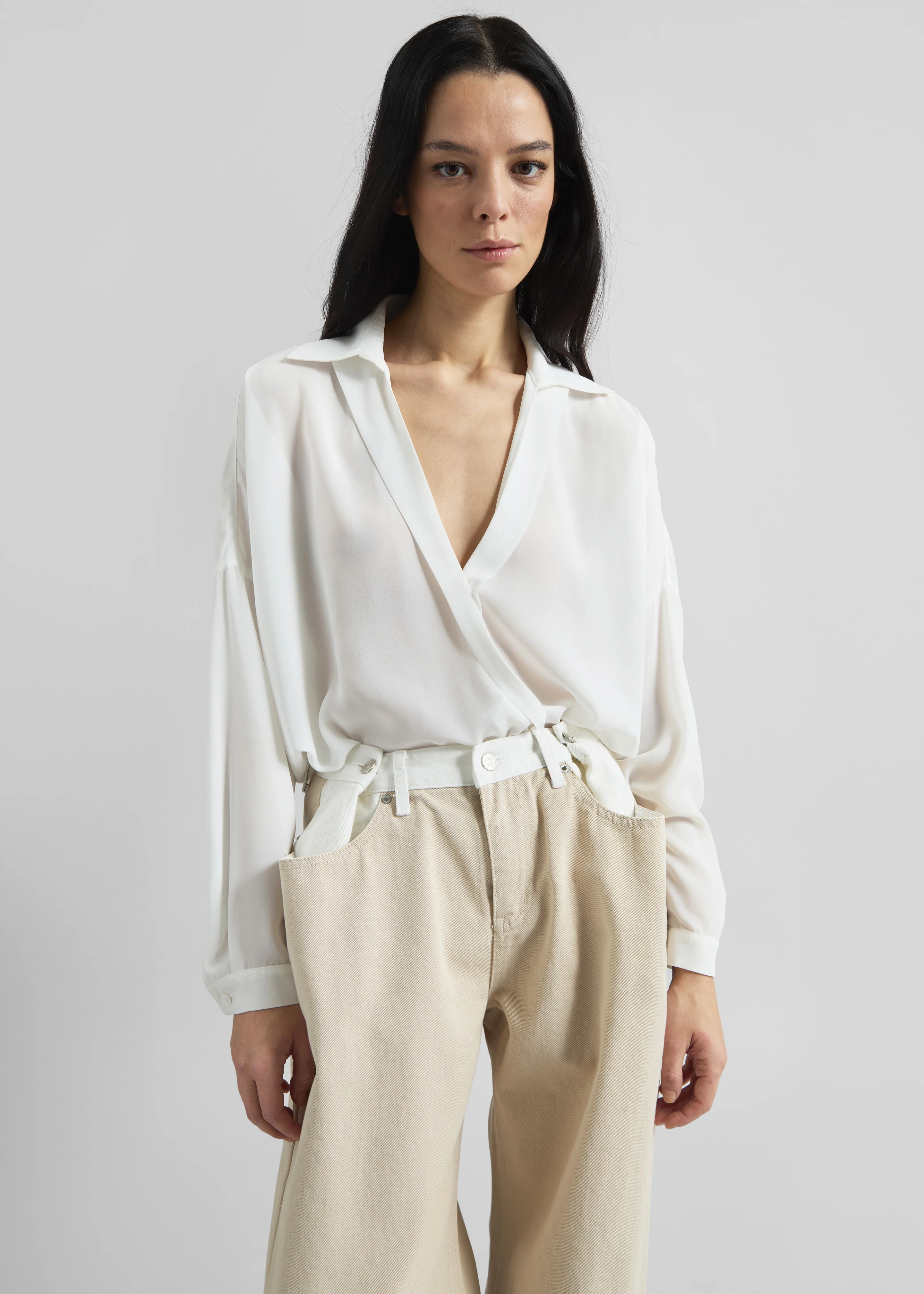 Hayla Contrast Denim Pants - Beige/Off White - Image 5