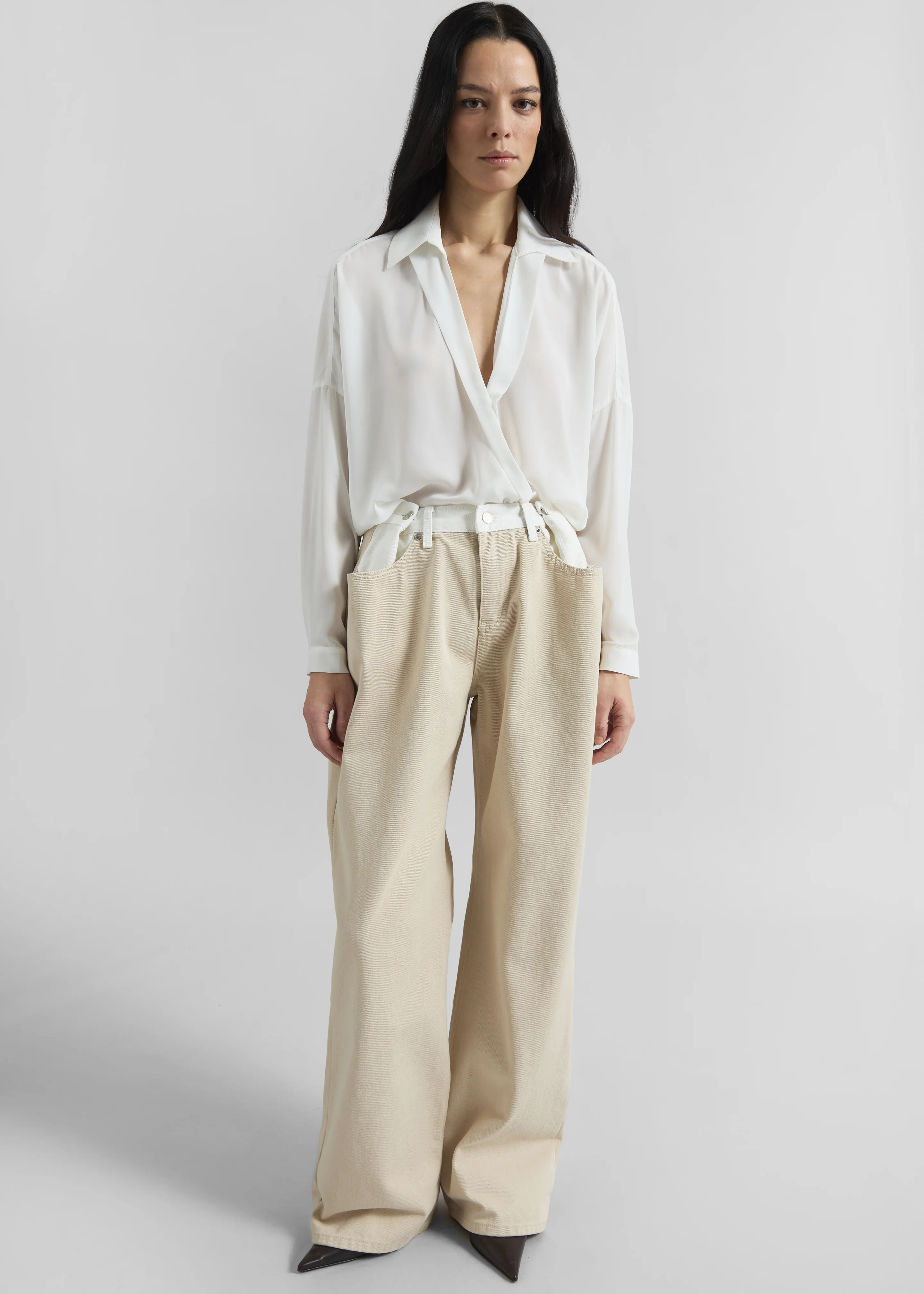 Hayla Contrast Denim Pants - Beige/Off White - Image 7