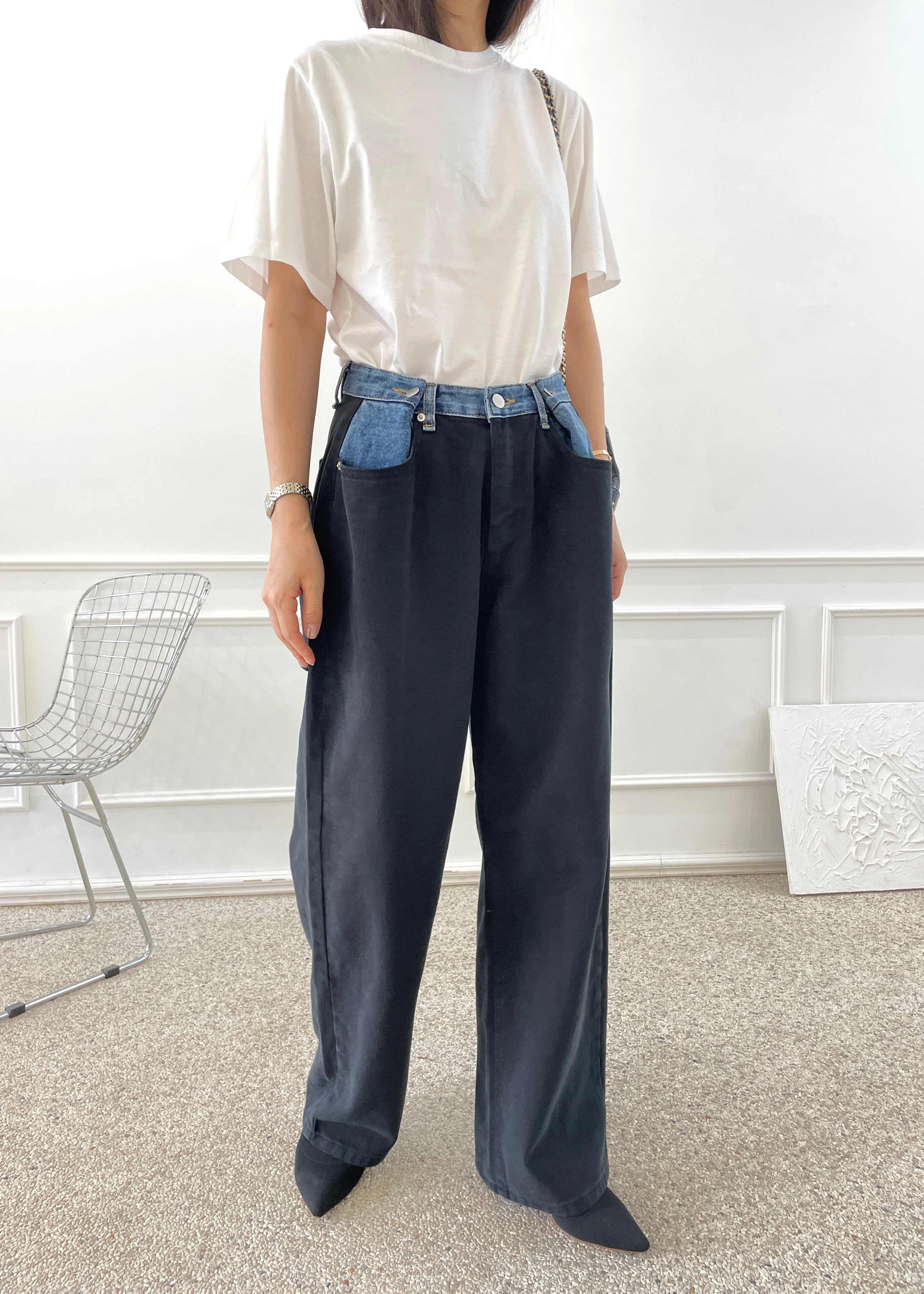 Hayla Contrast Denim Pants - Black/Blue - Image 3