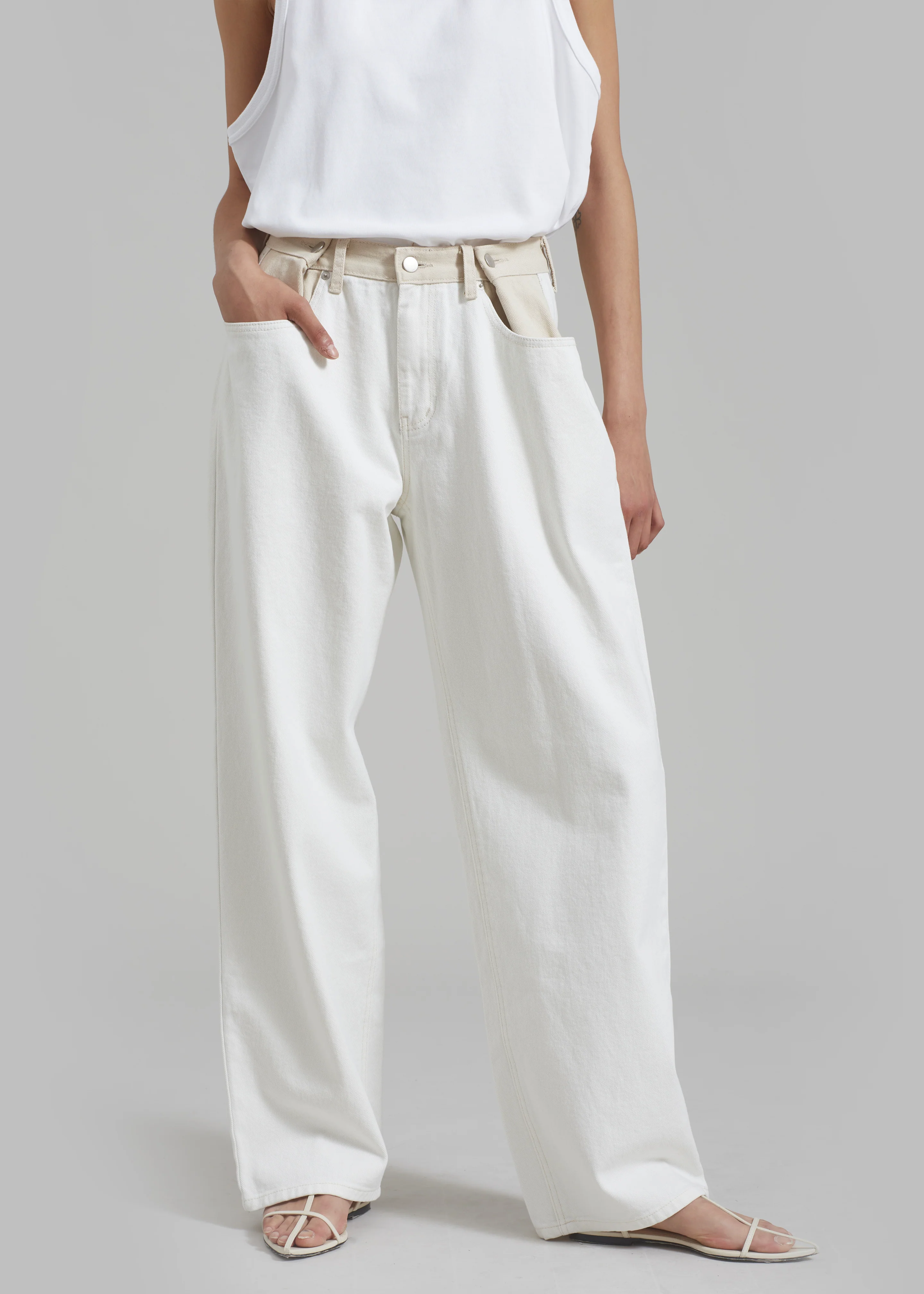 Hayla Contrast Denim Pants - Off White/Beige - Image 3