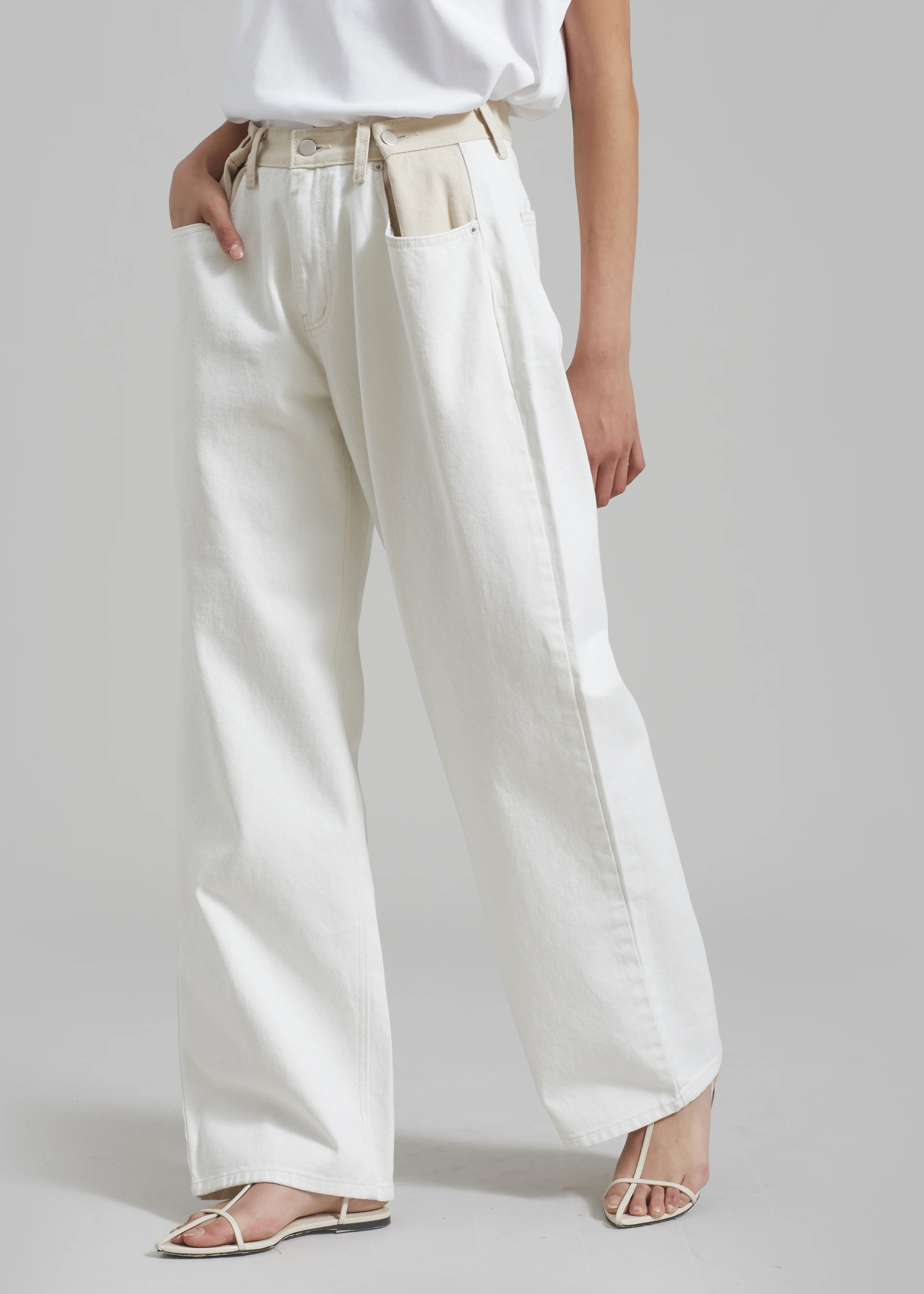 Hayla Contrast Denim Pants - Off White/Beige - Image 6