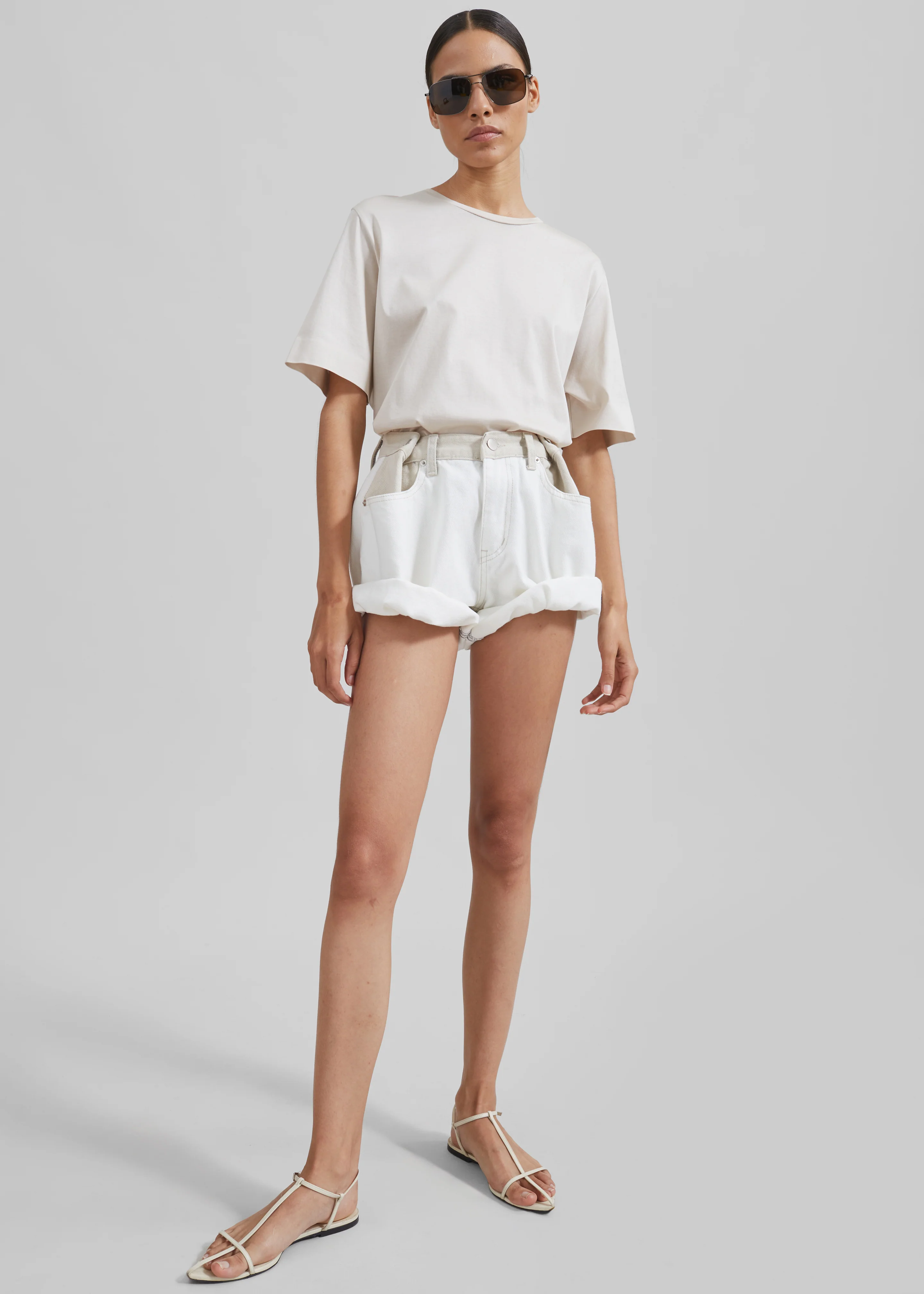 Hayla Contrast Denim Shorts - Off White/Beige - Image 11